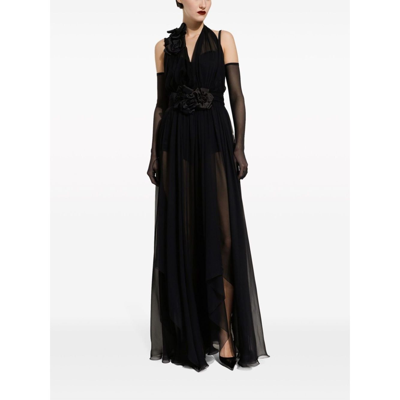Dolce & Gabbana Long silk chiffon dress with floral appliqué F6DJSTFU1ATN0000