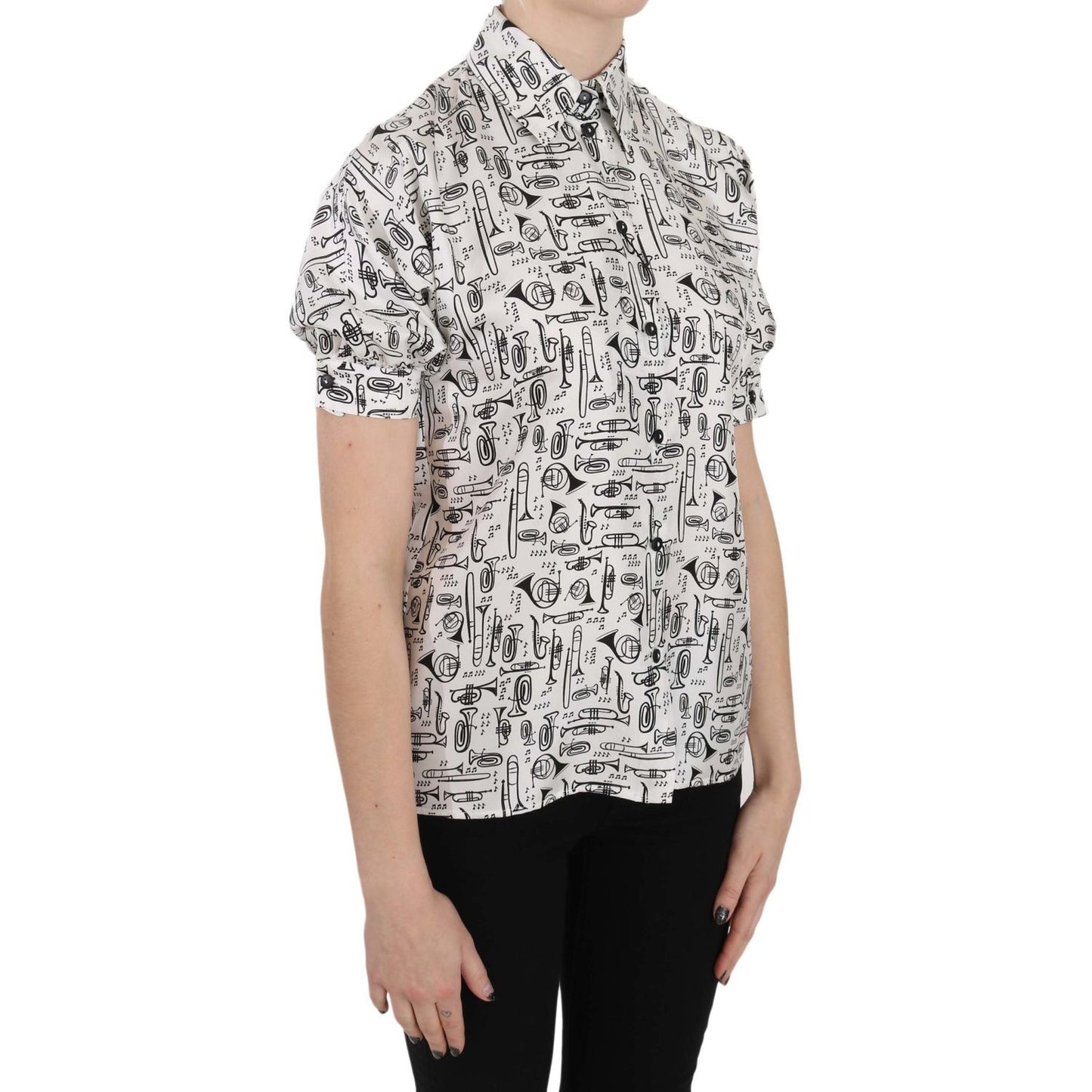 Dolce & Gabbana Trumpet Print Button Front Silk Top Blouse TSH3227-36