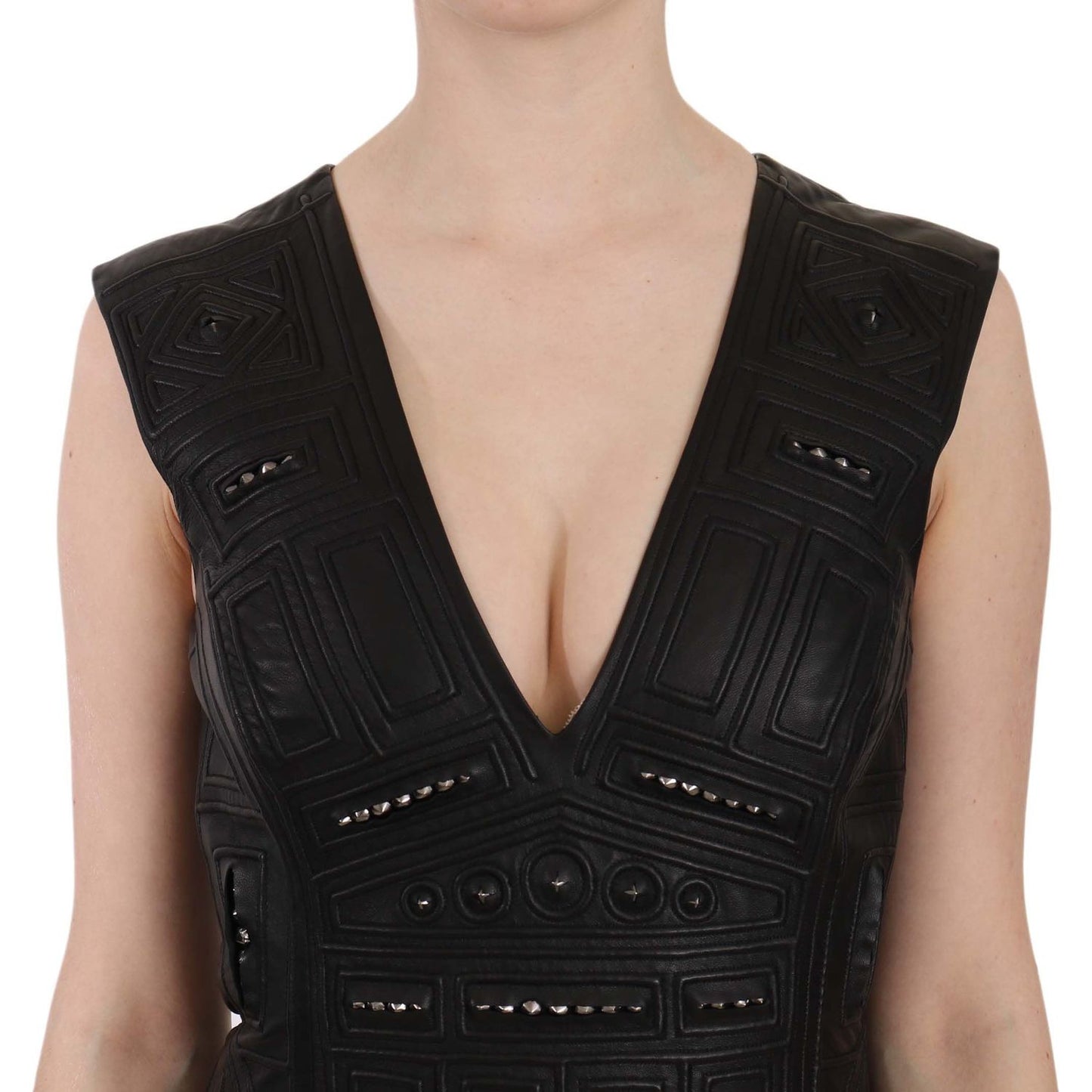 John Richmond Black Leather Studded Mini Shift Dress DR1674-42
