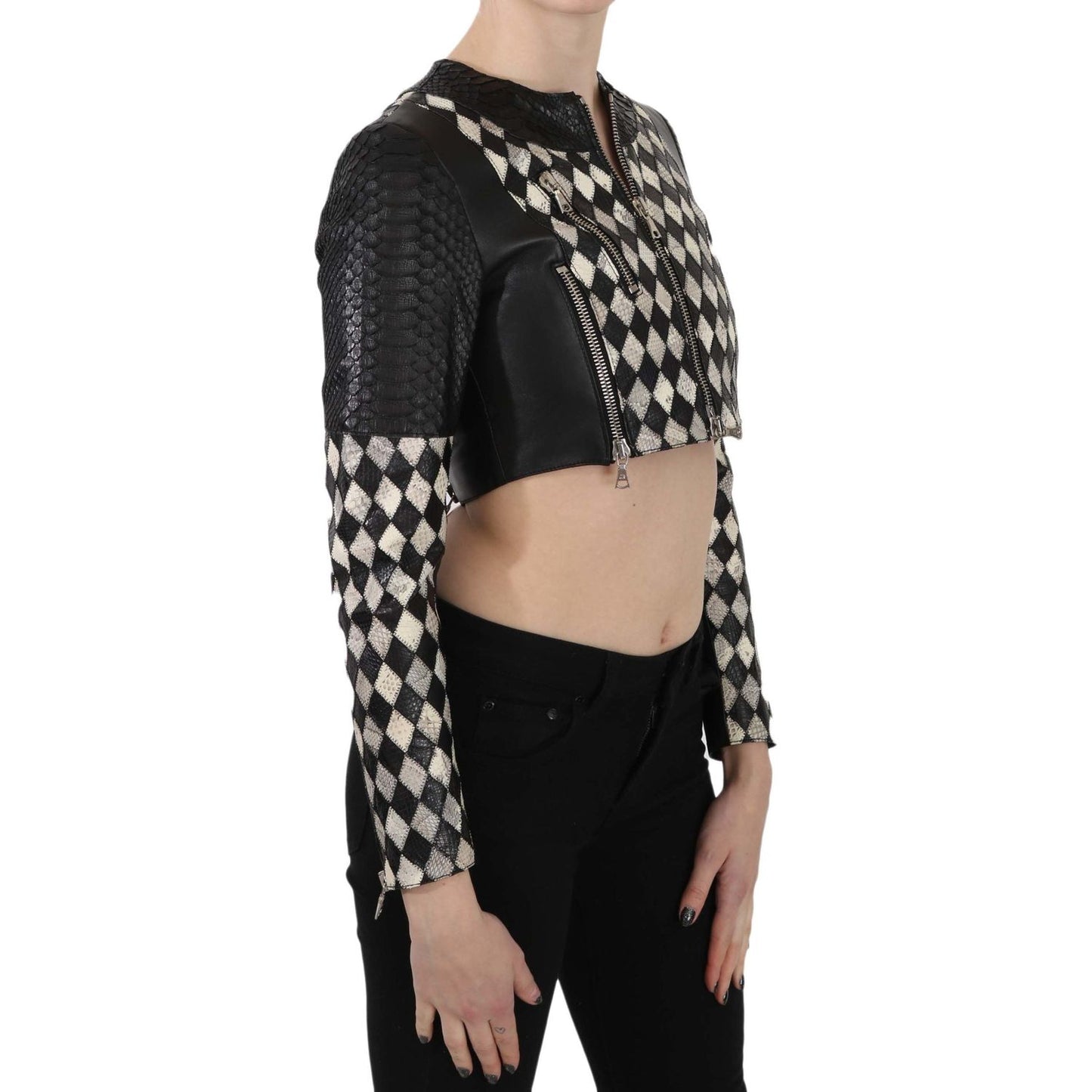 John Richmond Black White Leather Short Cropped Biker Jacket Coat Coats & Jackets