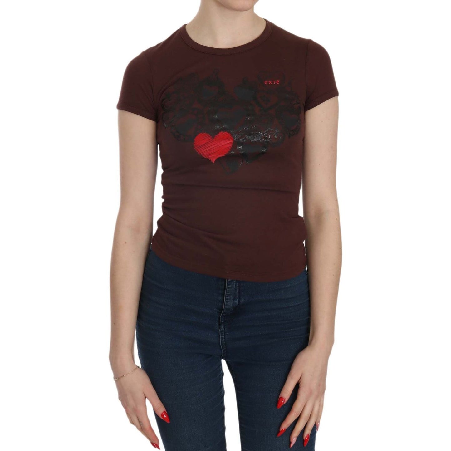 Exte Brown Hearts Short Sleeve Casual T-shirt Top TSH3909-38