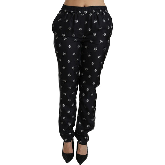 Dolce & Gabbana Black Printed Mid Waist Skinny Silk Pants Jeans & Pants