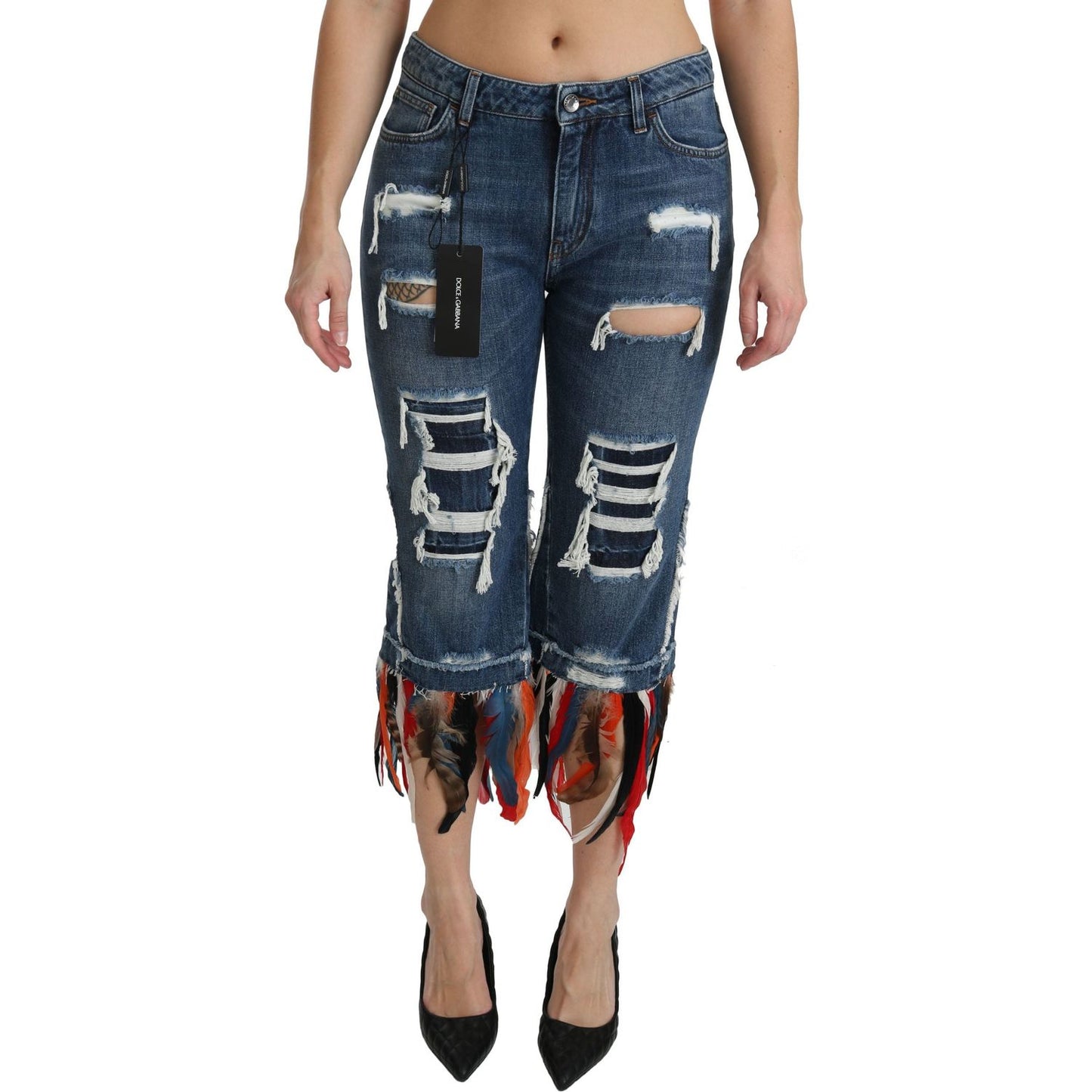 Dolce & Gabbana Blue Feathers Low Waist Cropped Cotton Jeans PAN70867-36