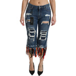 Dolce & Gabbana Blue Feathers Low Waist Cropped Cotton Jeans PAN70867-36