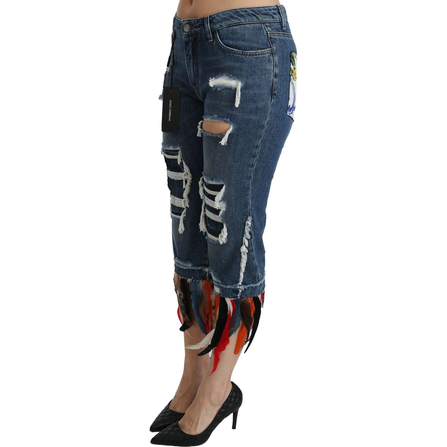 Dolce & Gabbana Blue Feathers Low Waist Cropped Cotton Jeans PAN70867-36