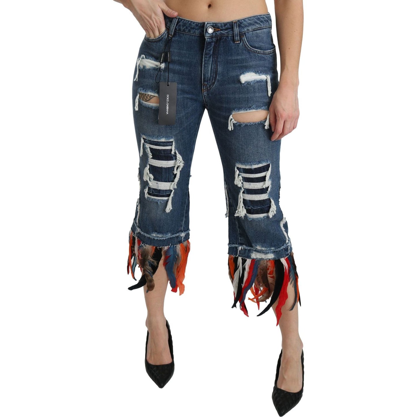 Dolce & Gabbana Blue Feathers Low Waist Cropped Cotton Jeans PAN70867-36