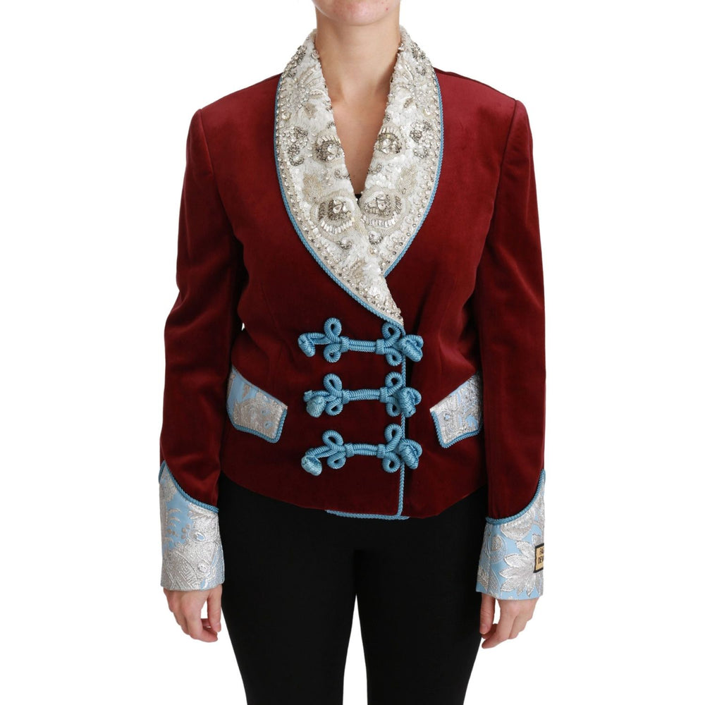 Dolce & Gabbana Red Velvet Baroque Crystal Blazer Jacket JKT2558-38