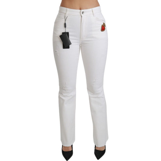 Dolce & Gabbana White Heart Flared Stretch Cotton Pants