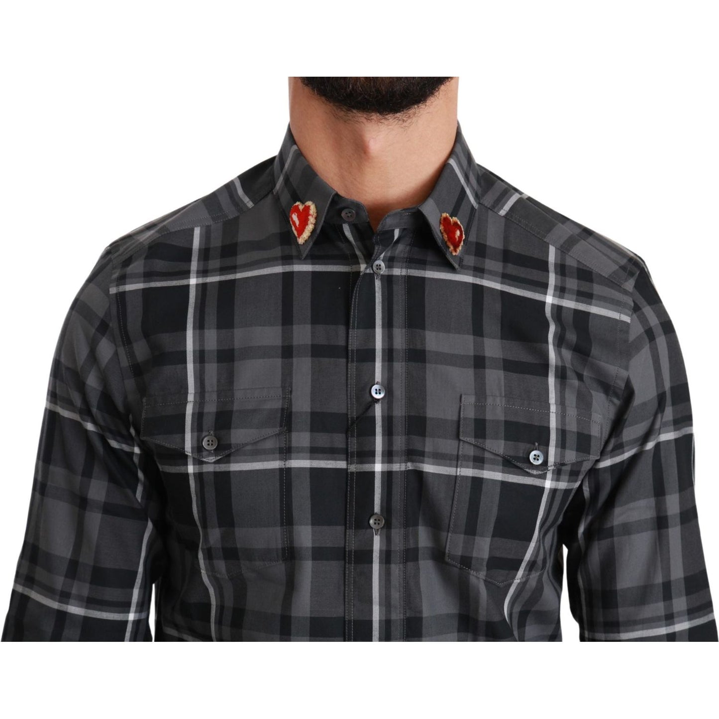 Dolce & Gabbana Gray Checkered Heart Collar MARTINI Shirt TSH4482-37