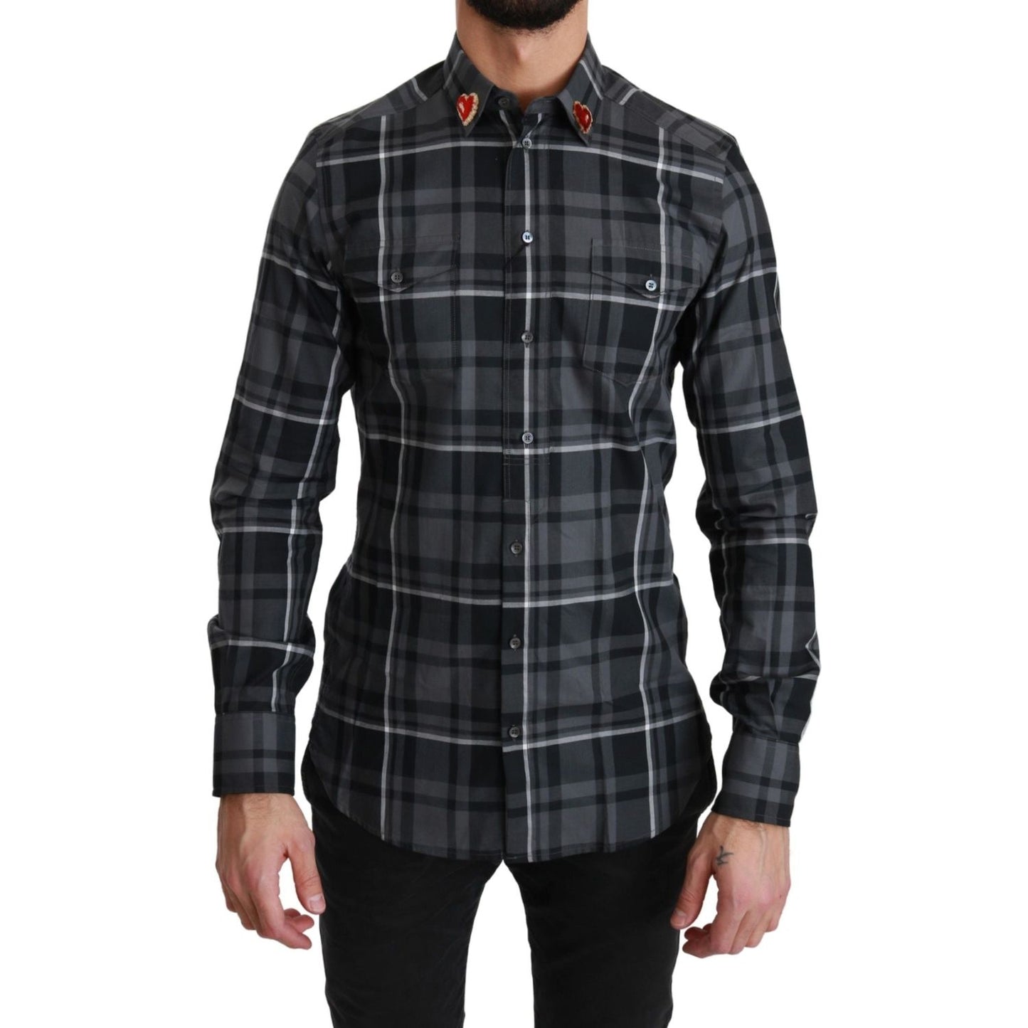 Dolce & Gabbana Gray Checkered Heart Collar MARTINI Shirt TSH4482-37
