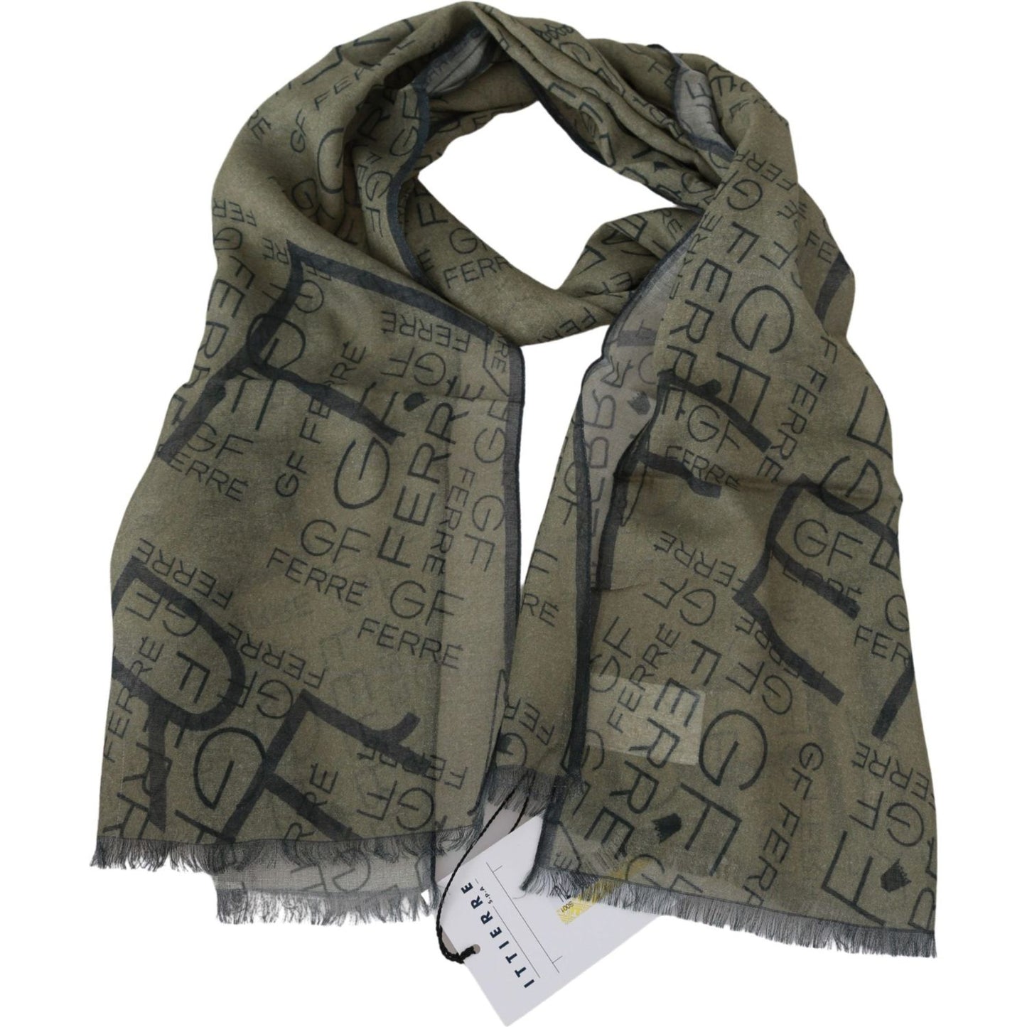 GF Ferre Green Wool Viscose Foulard Patterned Branded Scarf