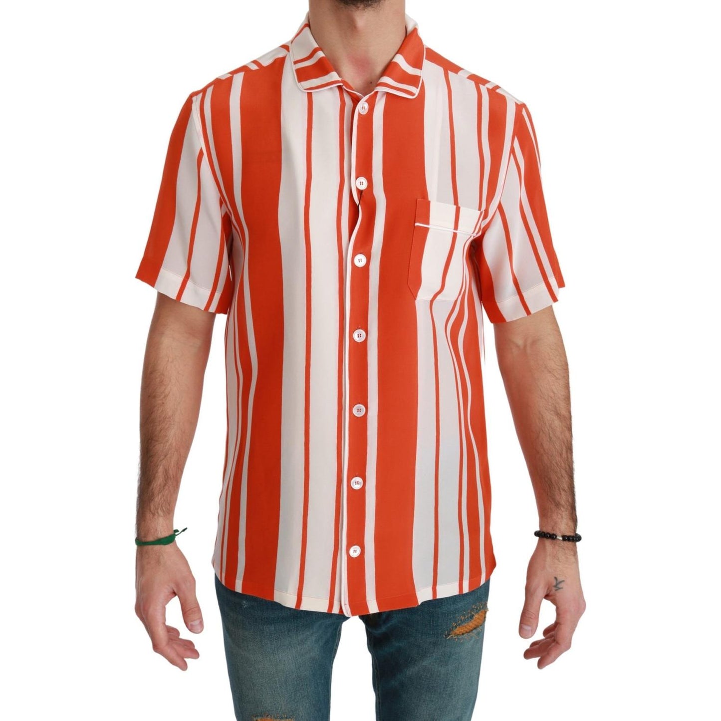 Dolce & Gabbana Orange Silk Striped Short Sleeve White Shirt TSH4655-38
