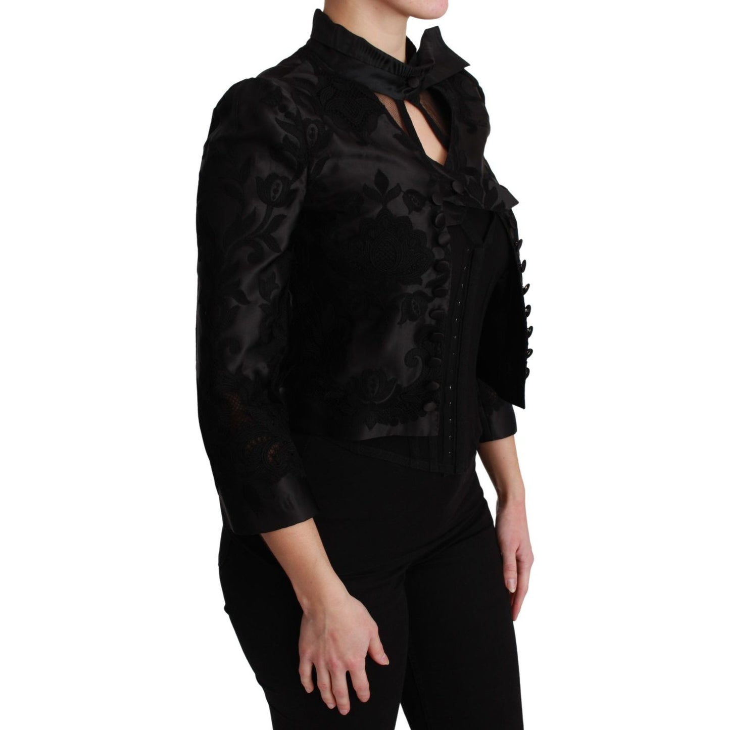 Dolce & Gabbana Black Floral Jacquard Blazer Silk Jacket JKT2624-38