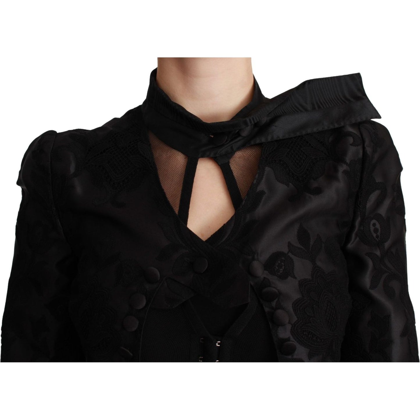 Dolce & Gabbana Black Floral Jacquard Blazer Silk Jacket JKT2624-38