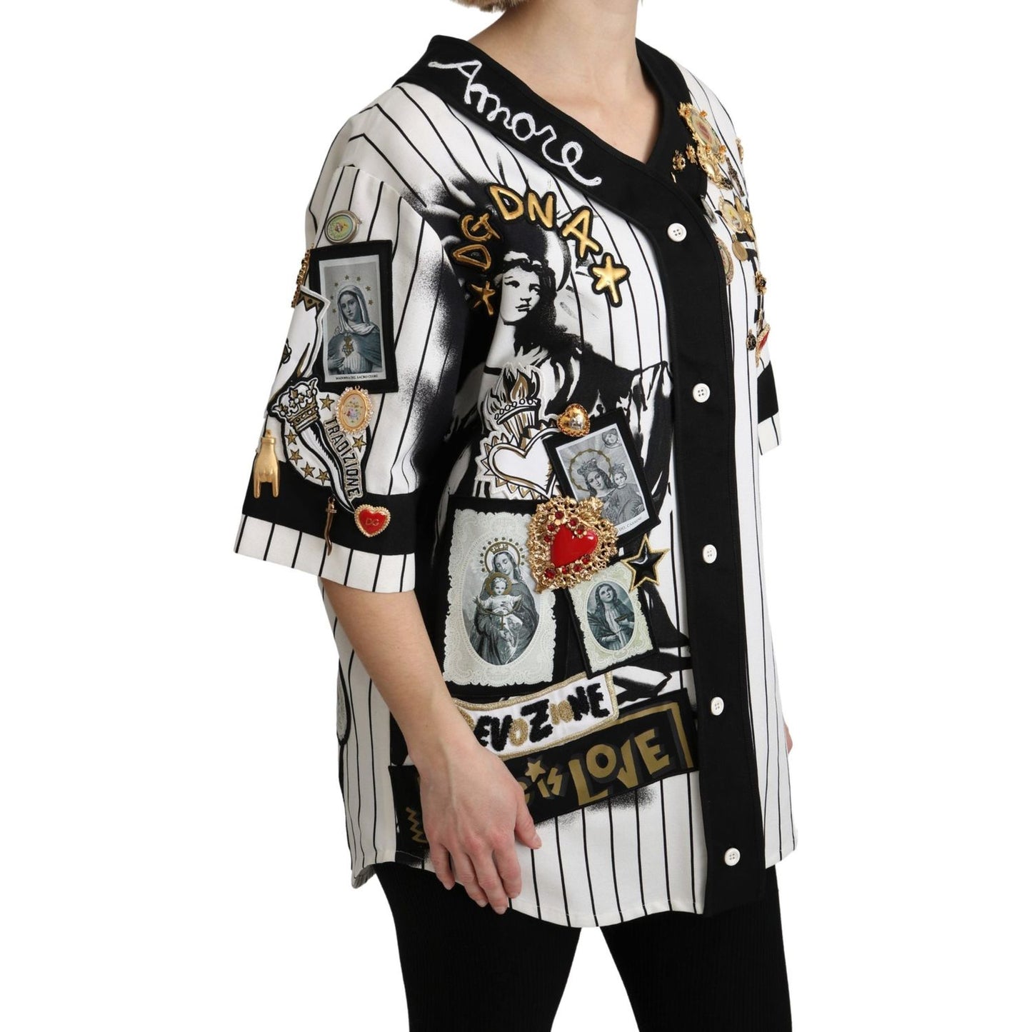 Dolce & Gabbana White and black Blouse Cotton Crystal Charms Amore Shirt TSH4848-36