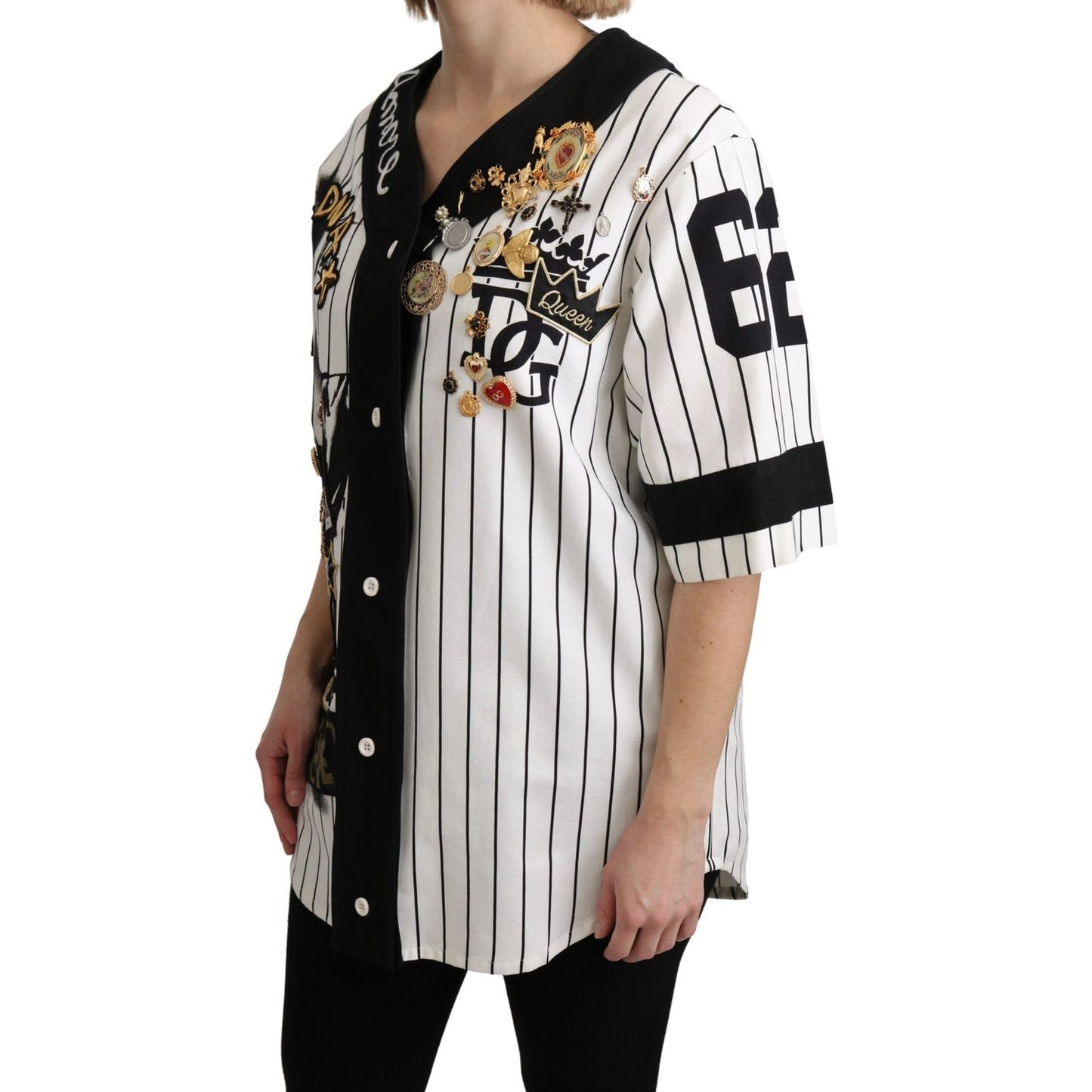 Dolce & Gabbana White and black Blouse Cotton Crystal Charms Amore Shirt TSH4848-36