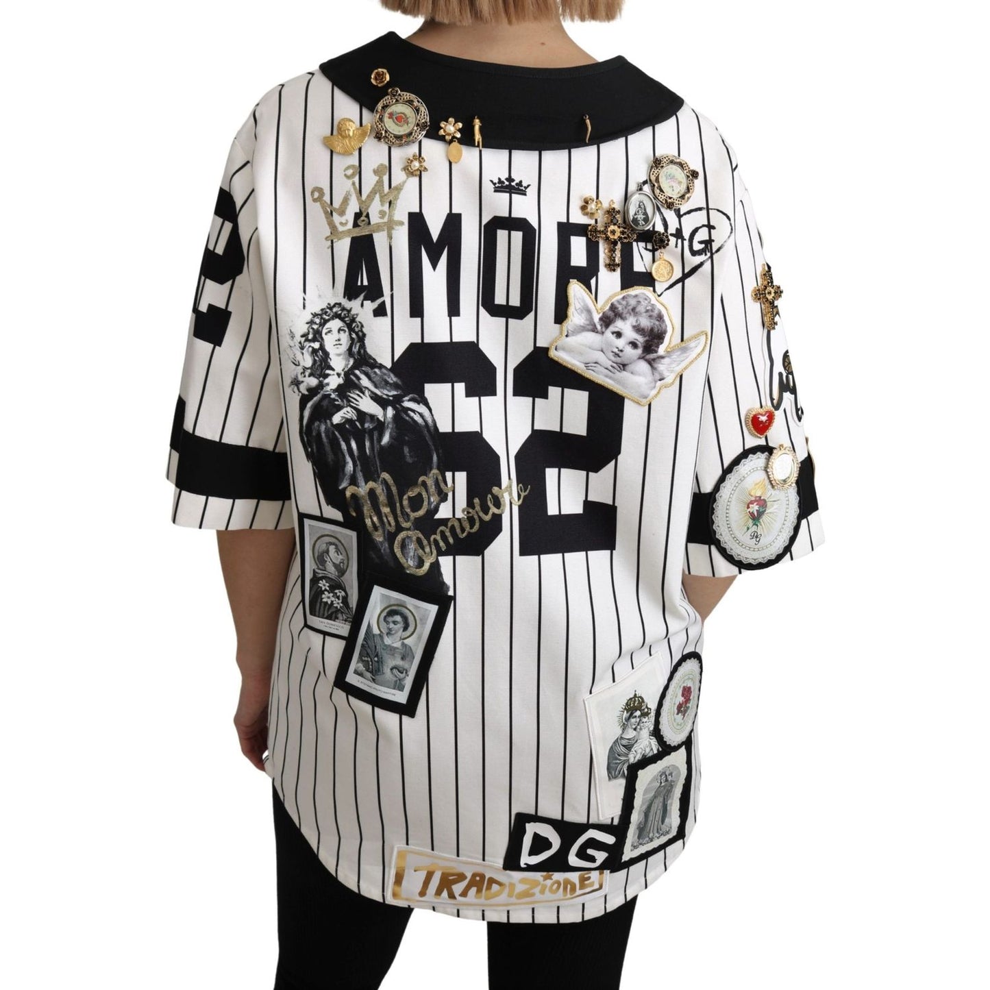 Dolce & Gabbana White and black Blouse Cotton Crystal Charms Amore Shirt TSH4848-36