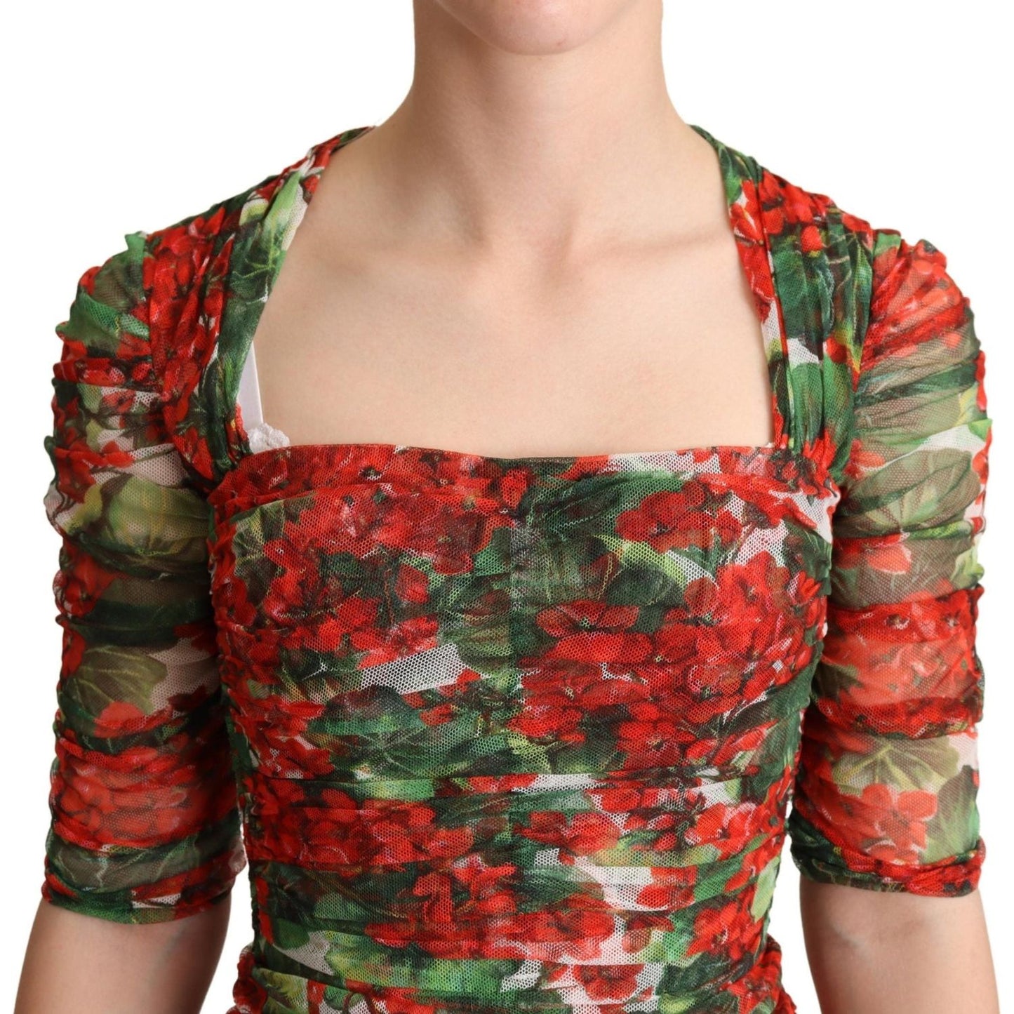Dolce & Gabbana Red Floral Print Tulle Sheath Midi Dress DR28098 -36