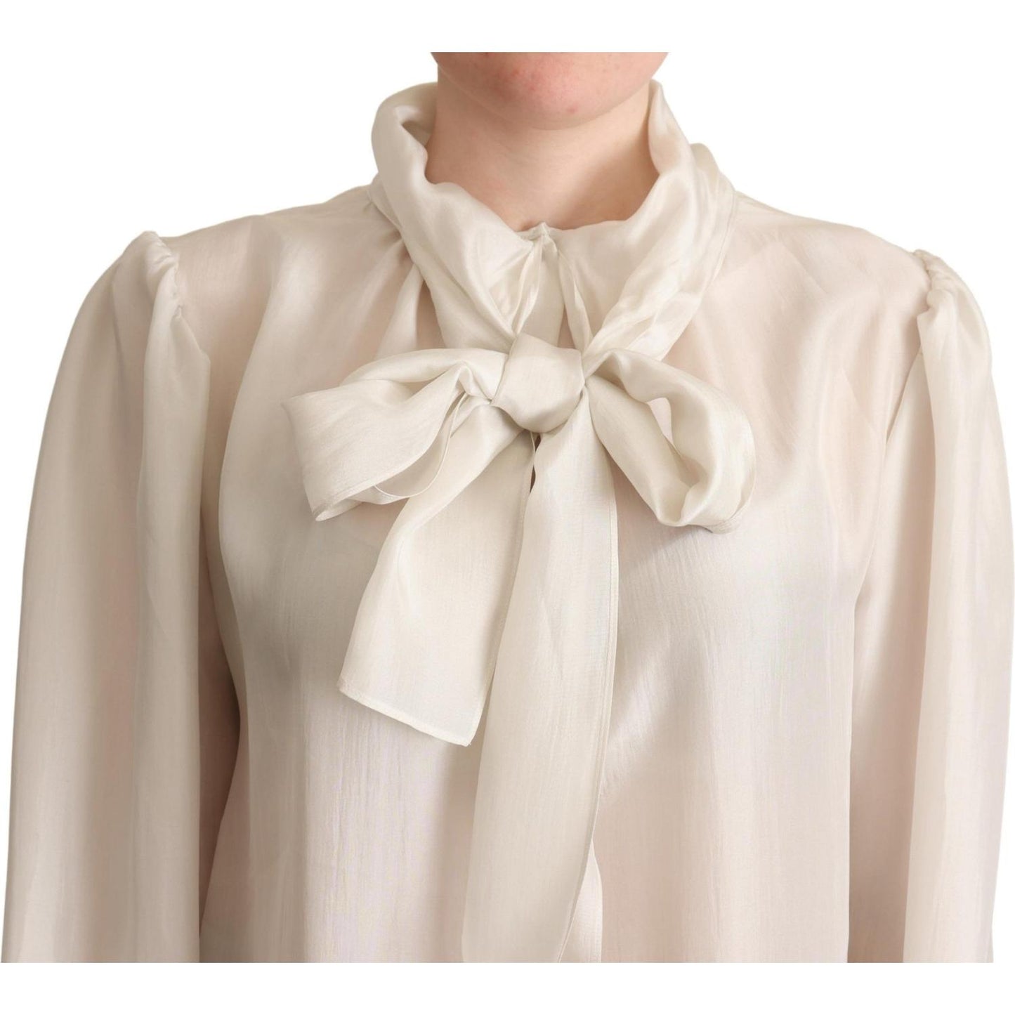 Dolce & Gabbana Light Gray Ascot Collar Shirt Silk Blouse Top