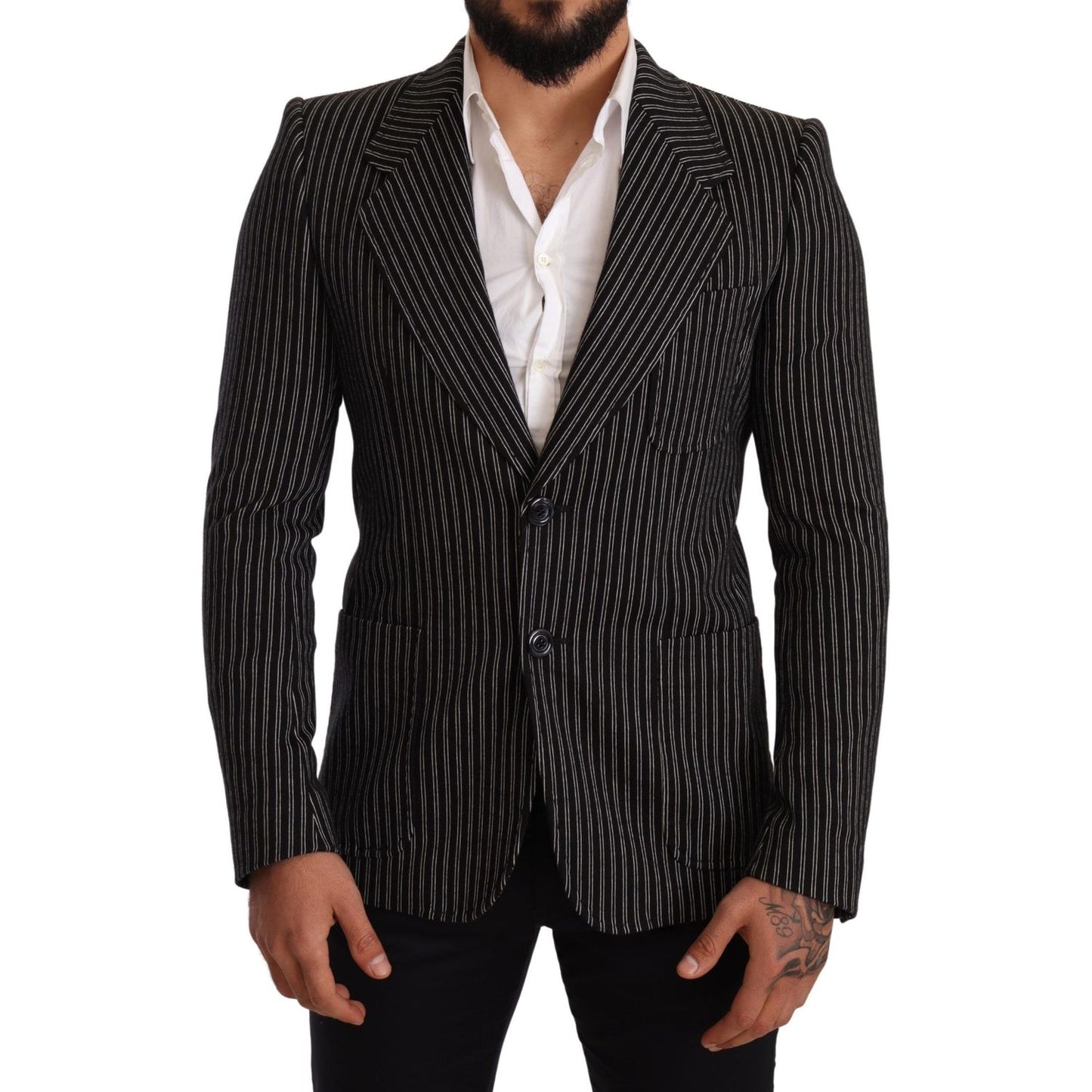 Dolce & Gabbana Black Striped Slim Fit Wool Coat Blazer JKT2849 -48
