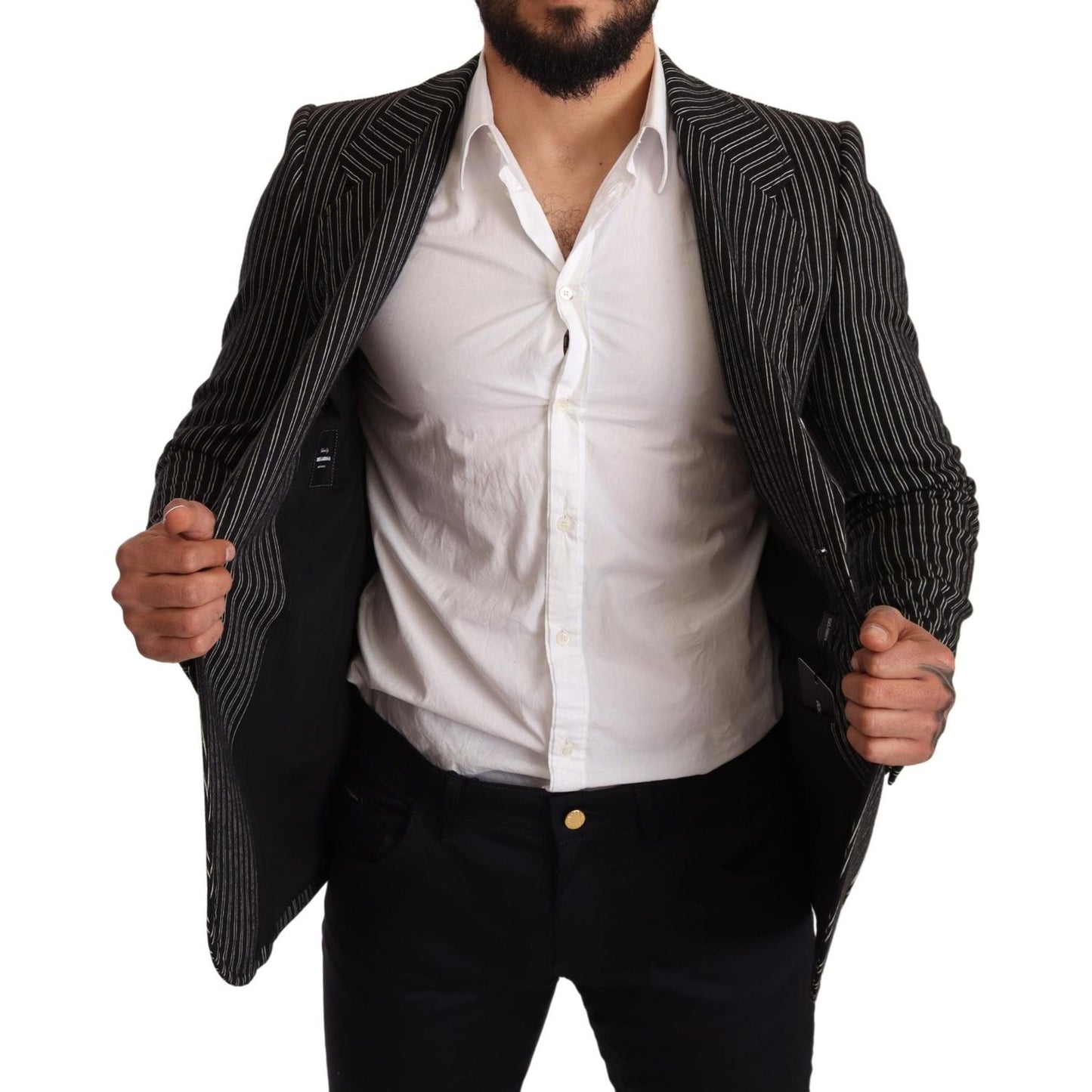 Dolce & Gabbana Black Striped Slim Fit Wool Coat Blazer JKT2849 -48