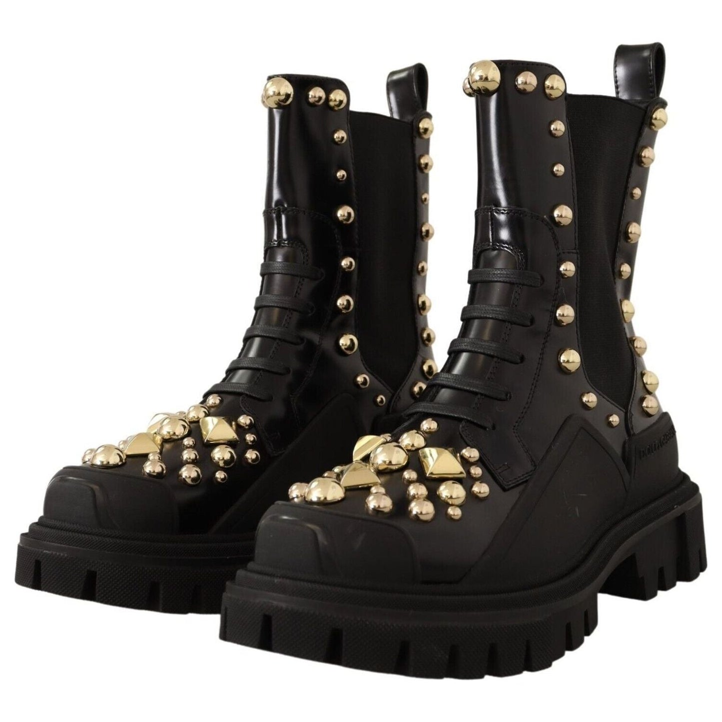 Dolce & Gabbana Black Leather Studded Combat Boots LA9149 - 35.5