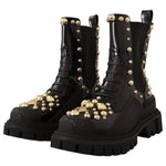 Dolce & Gabbana Black Leather Studded Combat Boots LA9149 - 35.5