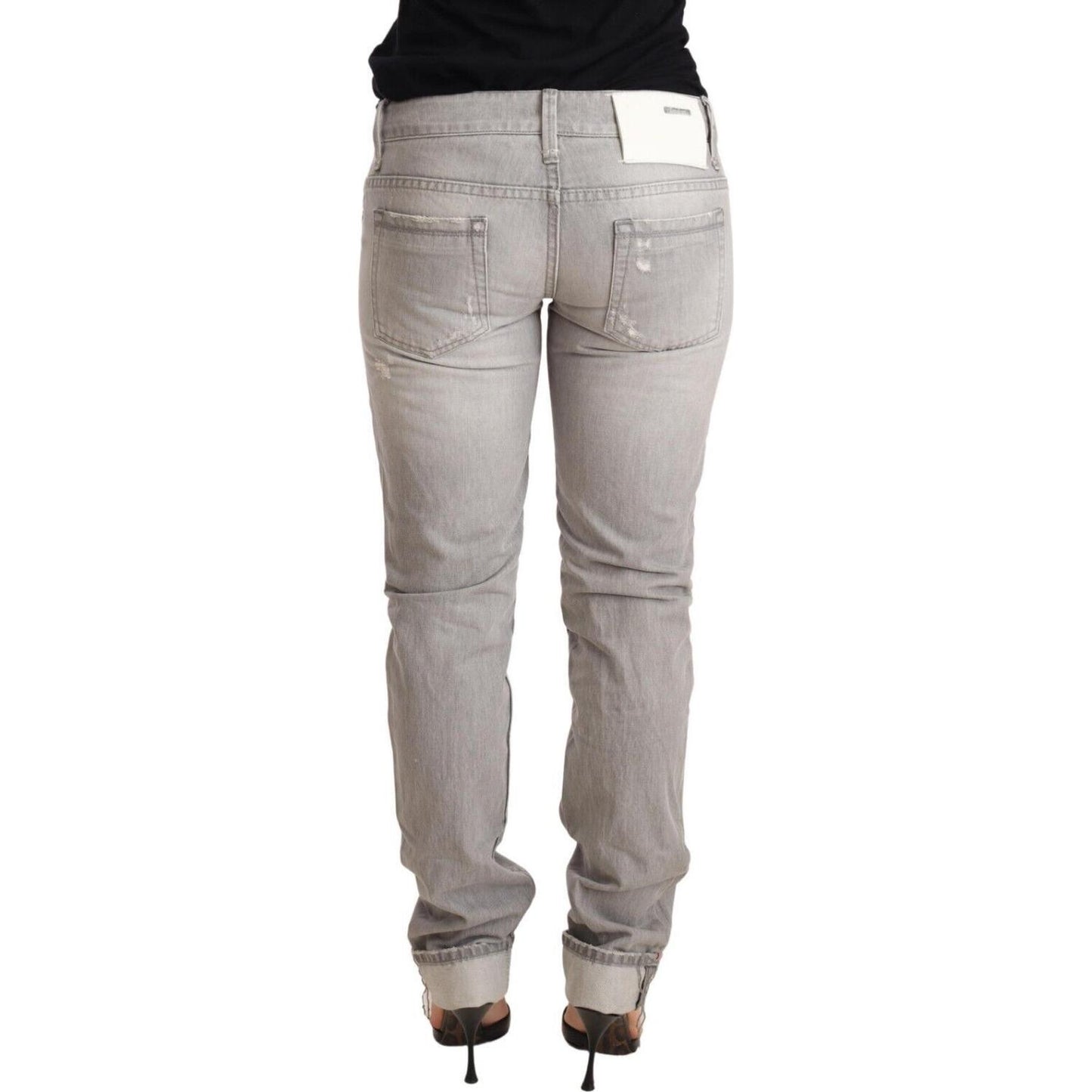 Acht Gray Tattered Cotton Slim Fit Folded Hem Women Denim Jeans Jeans & Pants