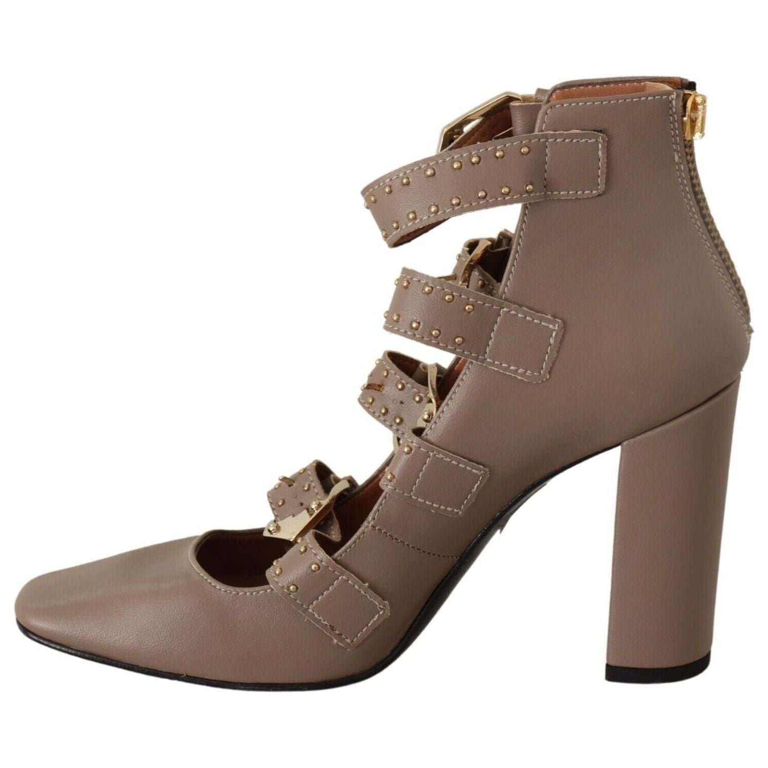 MY TWIN Brown Leather Block Heels Multi Buckle Pumps Shoes