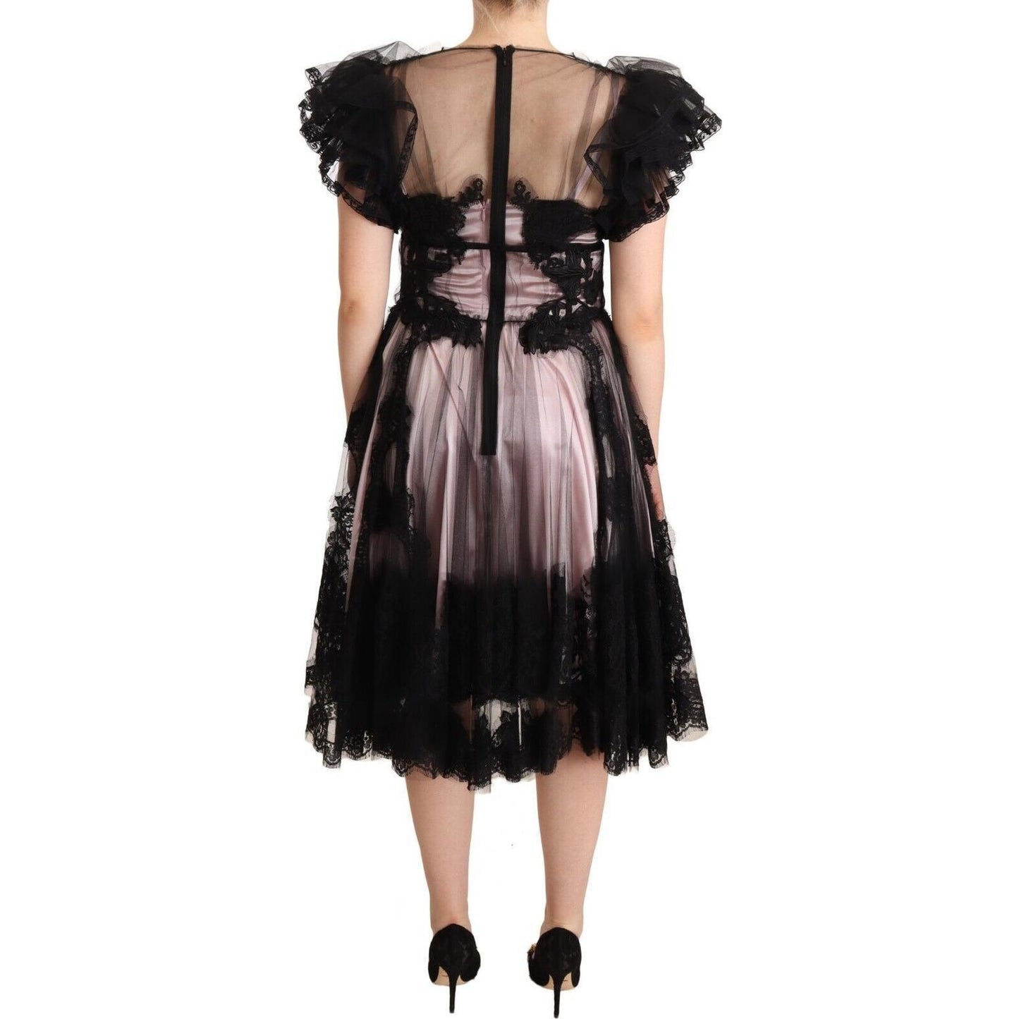 Dolce & Gabbana Black Pink Floral Lace A-line Midi Sheer Dress DR28236 - 44