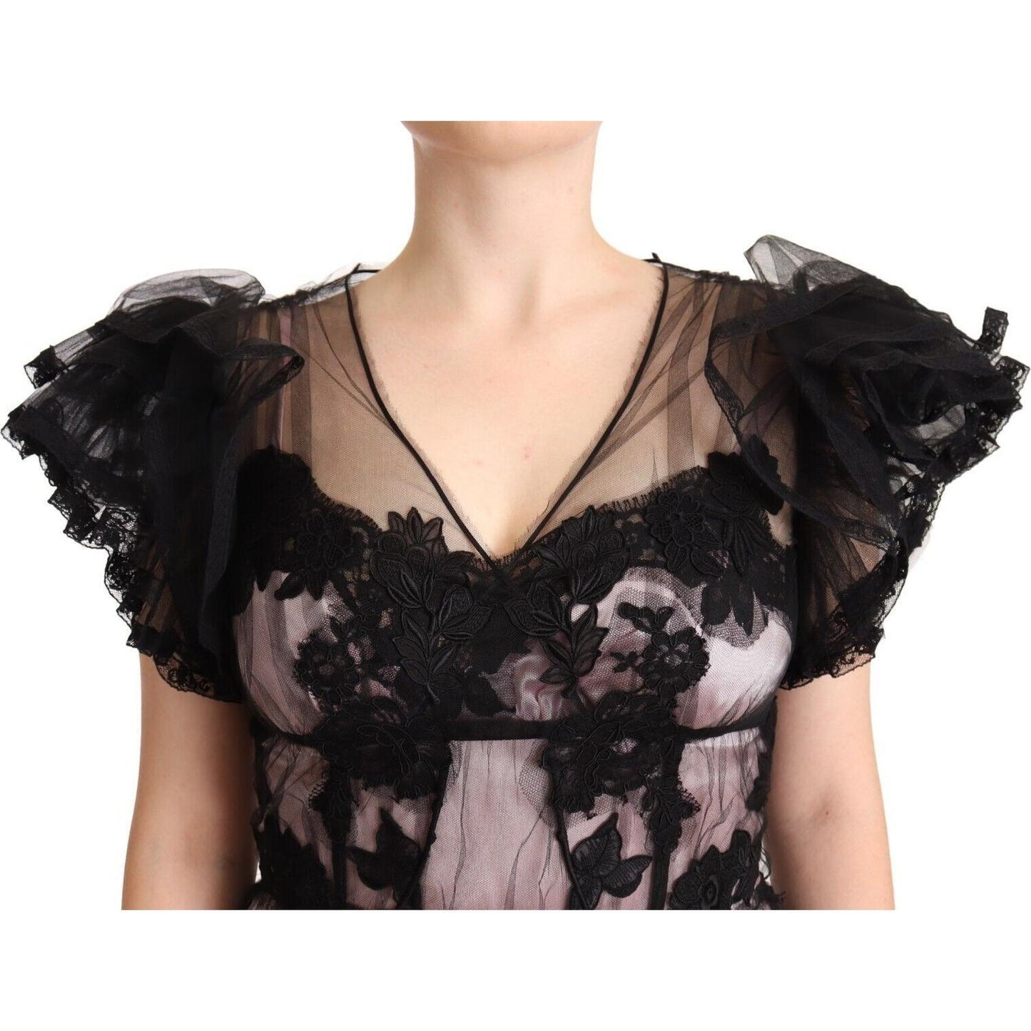 Dolce & Gabbana Black Pink Floral Lace A-line Midi Sheer Dress DR28236 - 44