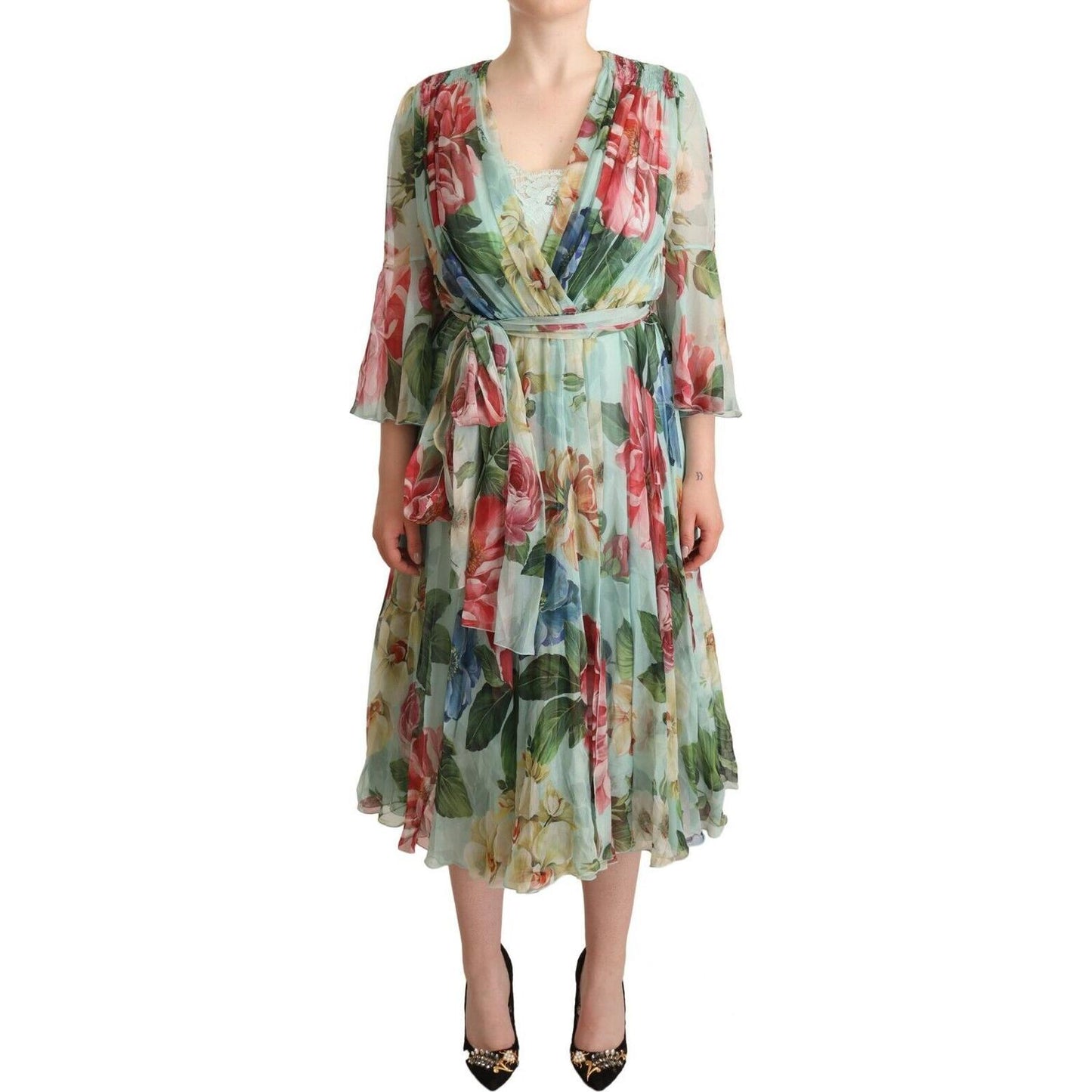 Dolce & Gabbana Green Floral Long Sleeves V-neck Midi Dress DR28273 - 42