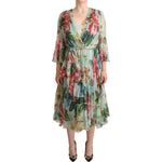 Dolce & Gabbana Green Floral Long Sleeves V-neck Midi Dress DR28273 - 42