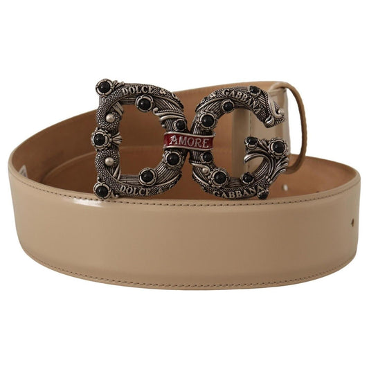 Dolce & Gabbana Beige Leather Silver Logo Buckle Amore Belt WOMAN BELTS