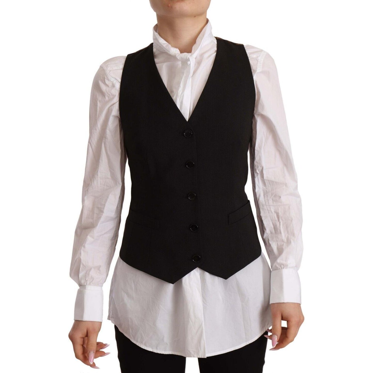 Dolce & Gabbana Black Button Down Sleeveless Vest Polyester Top TSH7063 - 38
