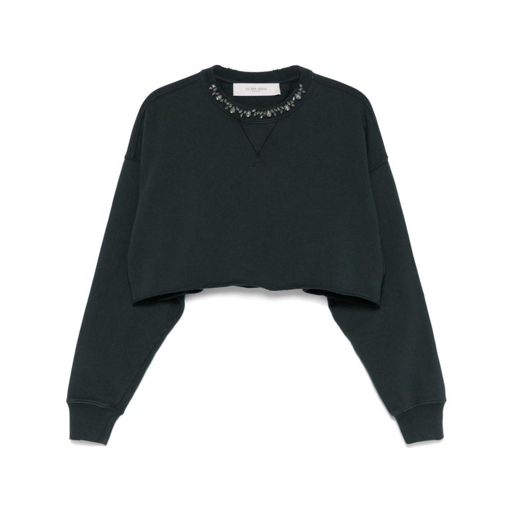 Golden Goose Cropped Cotton Sweatshirt with Crystals on the Front GWP02203P00189690456-P25