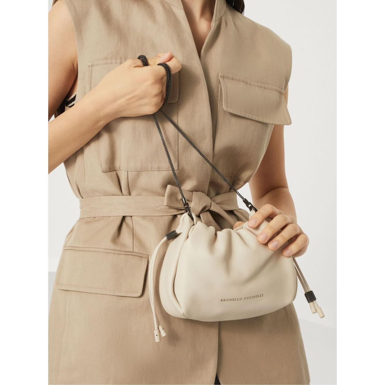Brunello Cucinelli Bucket Mellow mini bag in Soft leather with Precious Chain