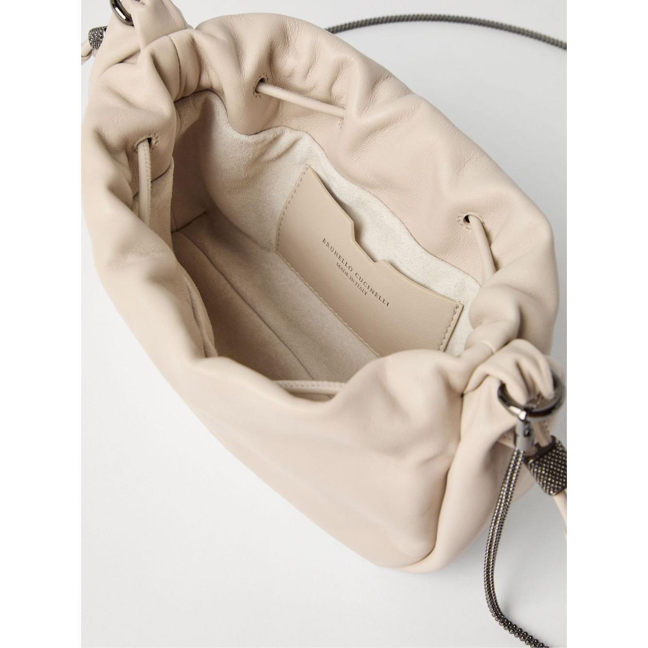 Brunello Cucinelli Bucket Mellow mini bag in Soft leather with Precious Chain