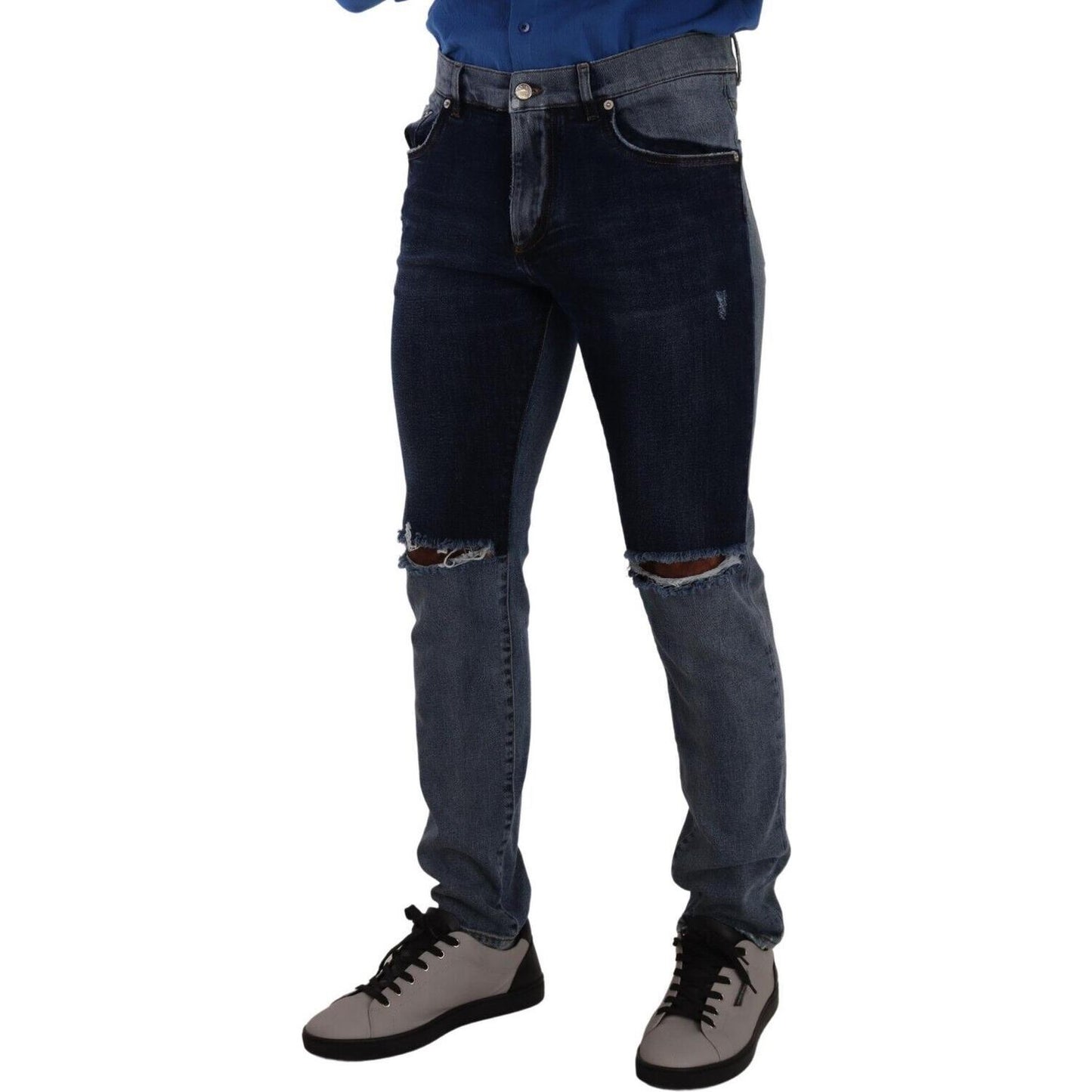 Dolce & Gabbana Blue Two Tone Tattered Cotton Slim Denim Jeans PAN72891 - 48