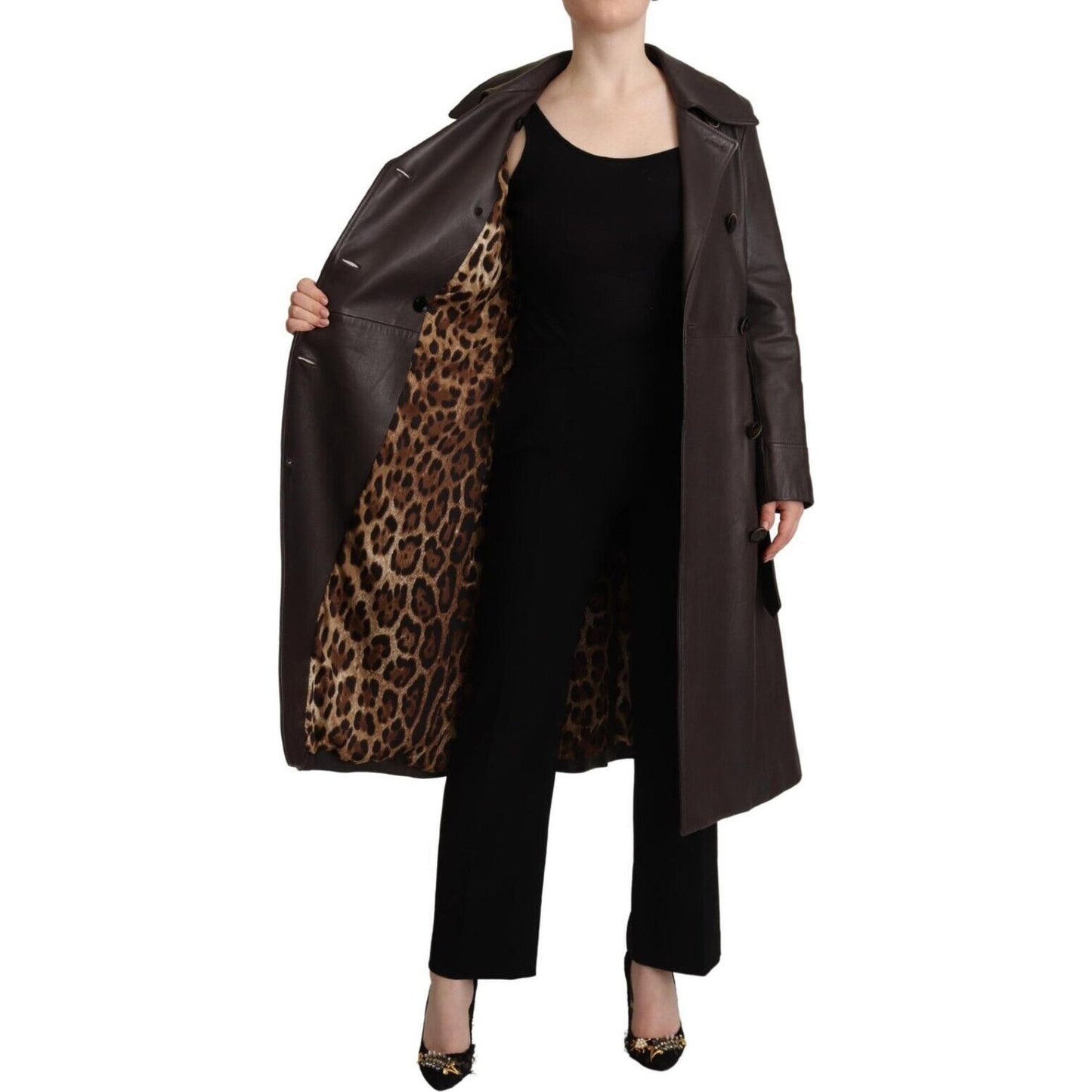 Dolce & Gabbana Dark Brown Leather Long Sleeves Belted Jacket