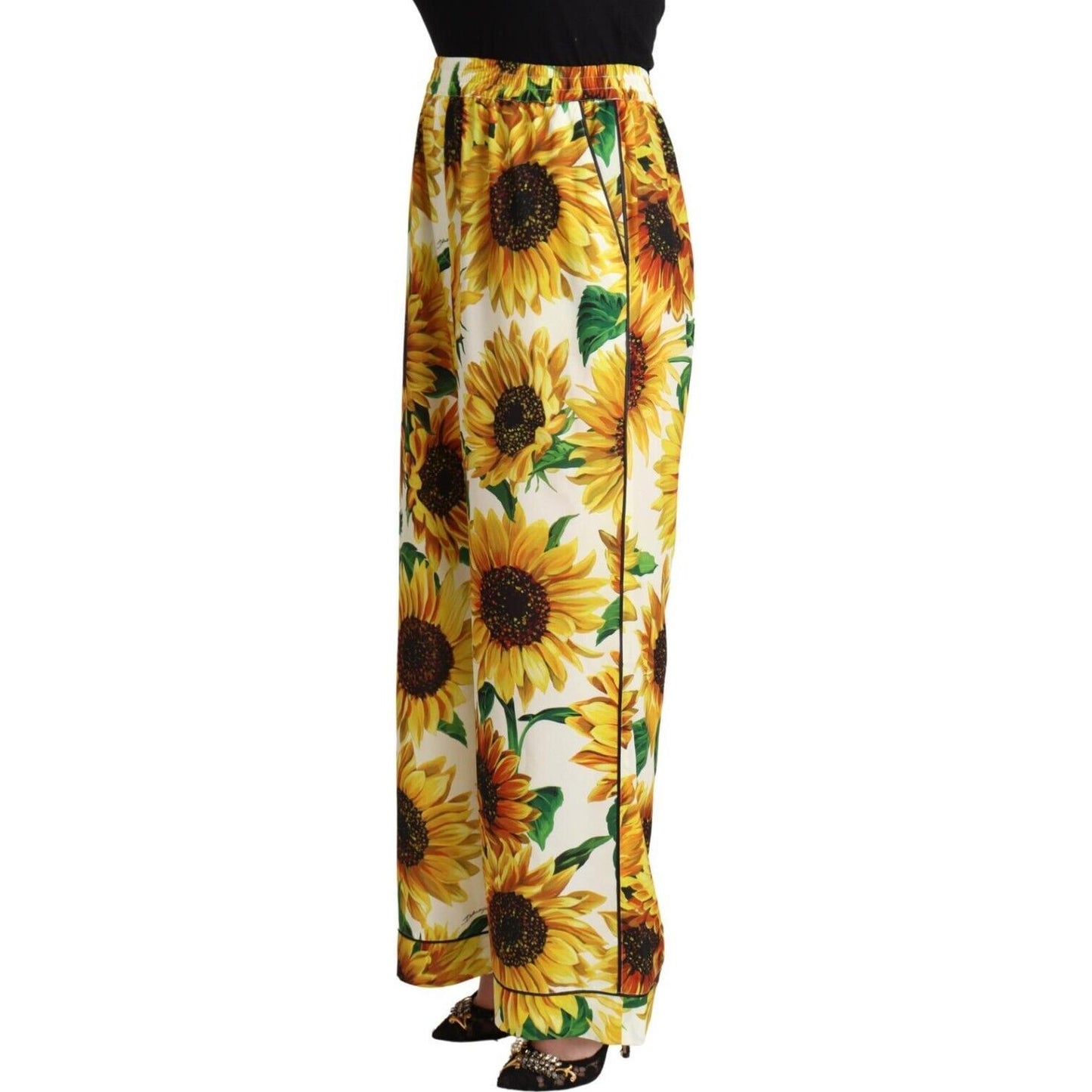 Dolce & Gabbana White Sunflower Print Mid Waist Wide Leg Pants PAN72782 - 40