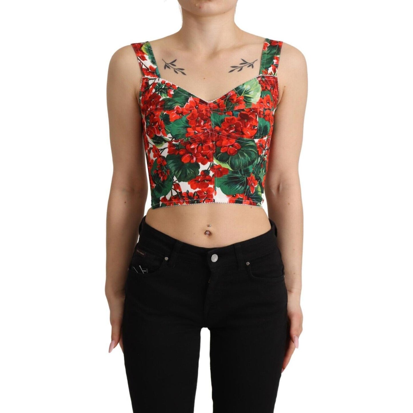 Dolce & Gabbana Red Geranium Print Viscose Sweetheart Cropped Top TSH7636 - 36