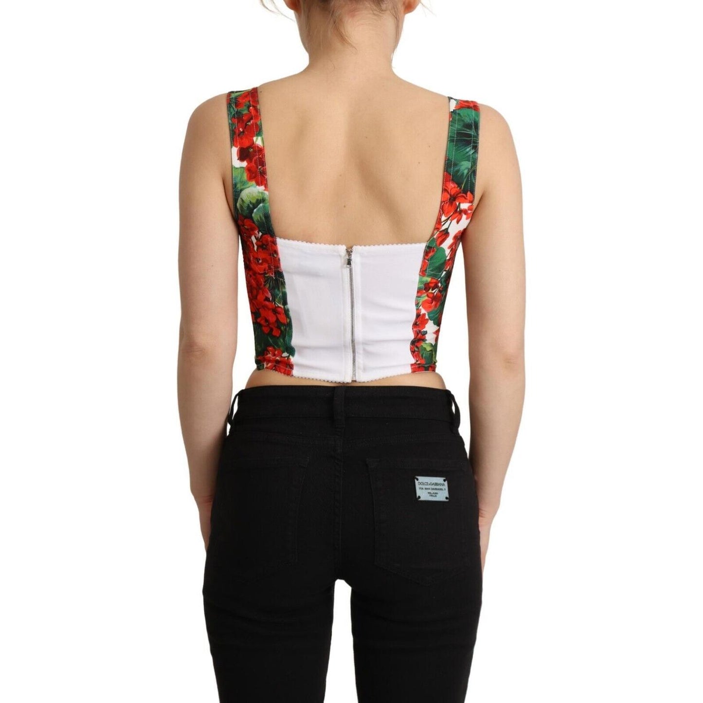 Dolce & Gabbana Red Geranium Print Viscose Sweetheart Cropped Top TSH7636 - 36