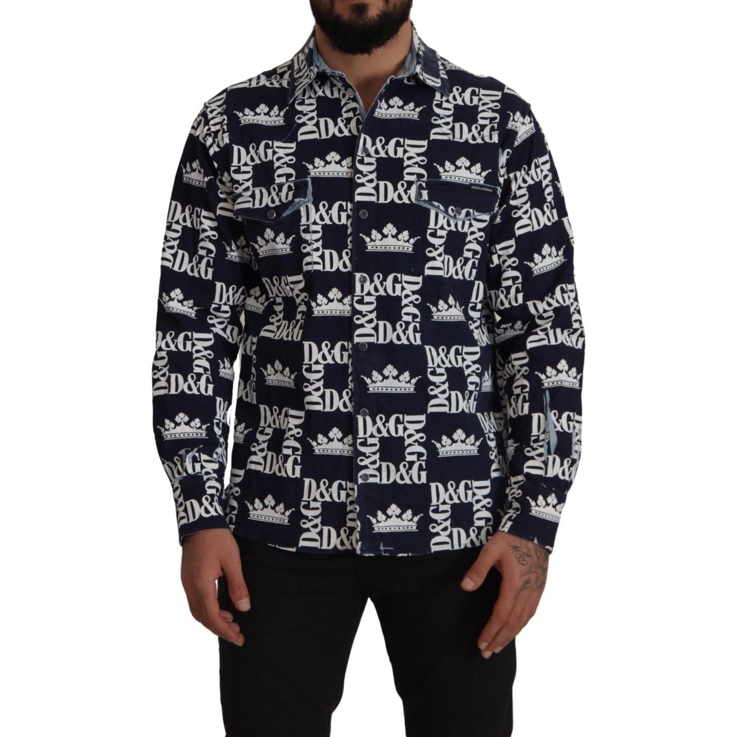 Dolce & Gabbana Blue Denim Stretch DG Crown Logo Casual Shirt TSH7977- 37