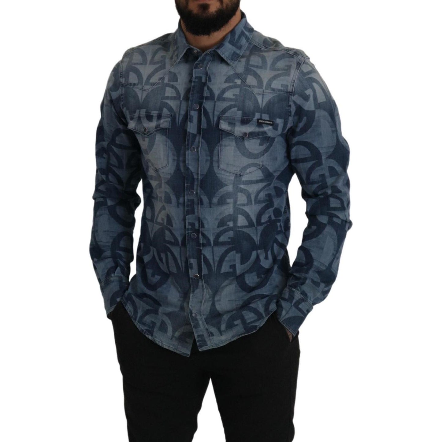 Dolce & Gabbana Blue Denim Stretch DG Logo Casual Mens Slim Shirt TSH7972- 39