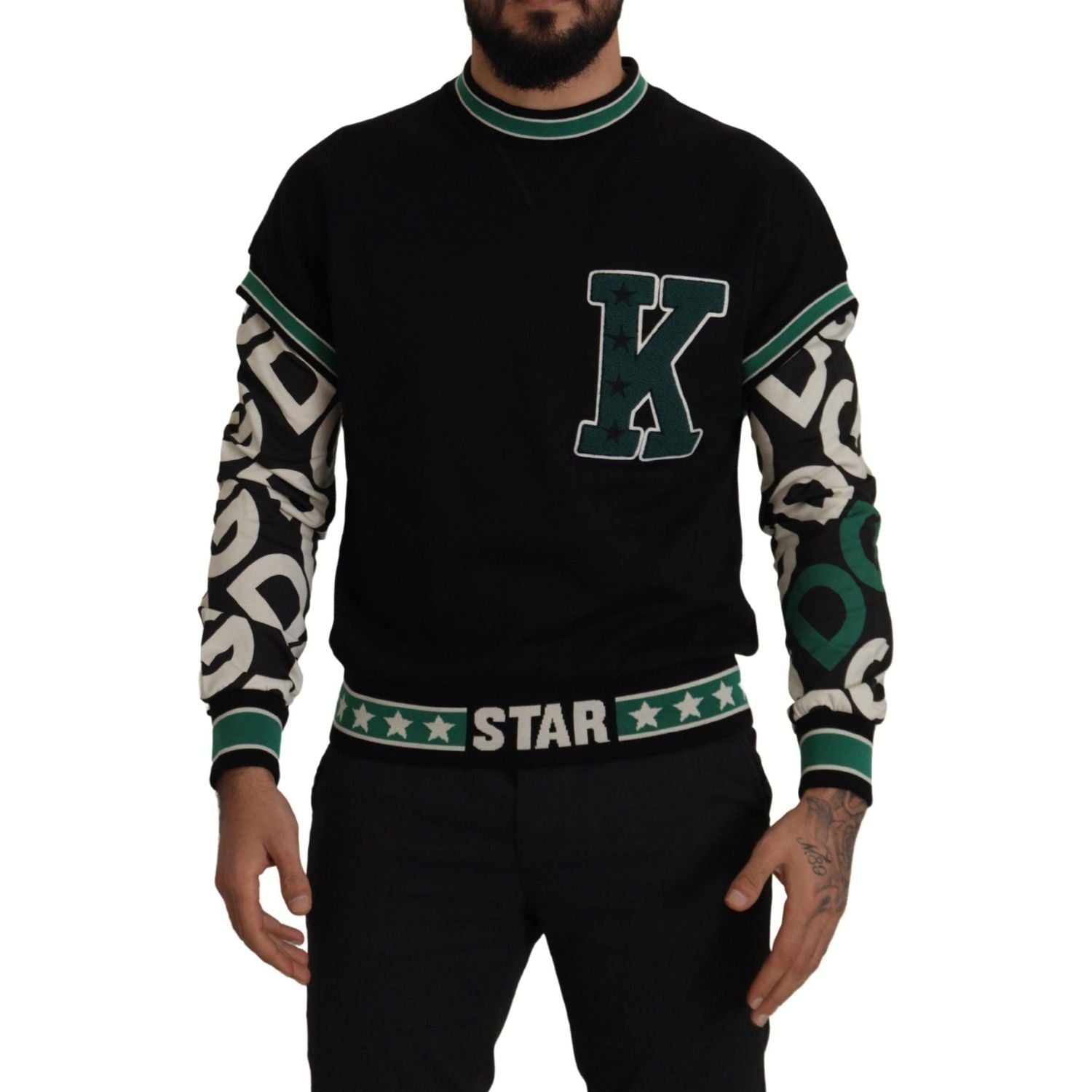 Dolce & Gabbana Black Green Cotton KING Star Crewneck Pullover Sweater