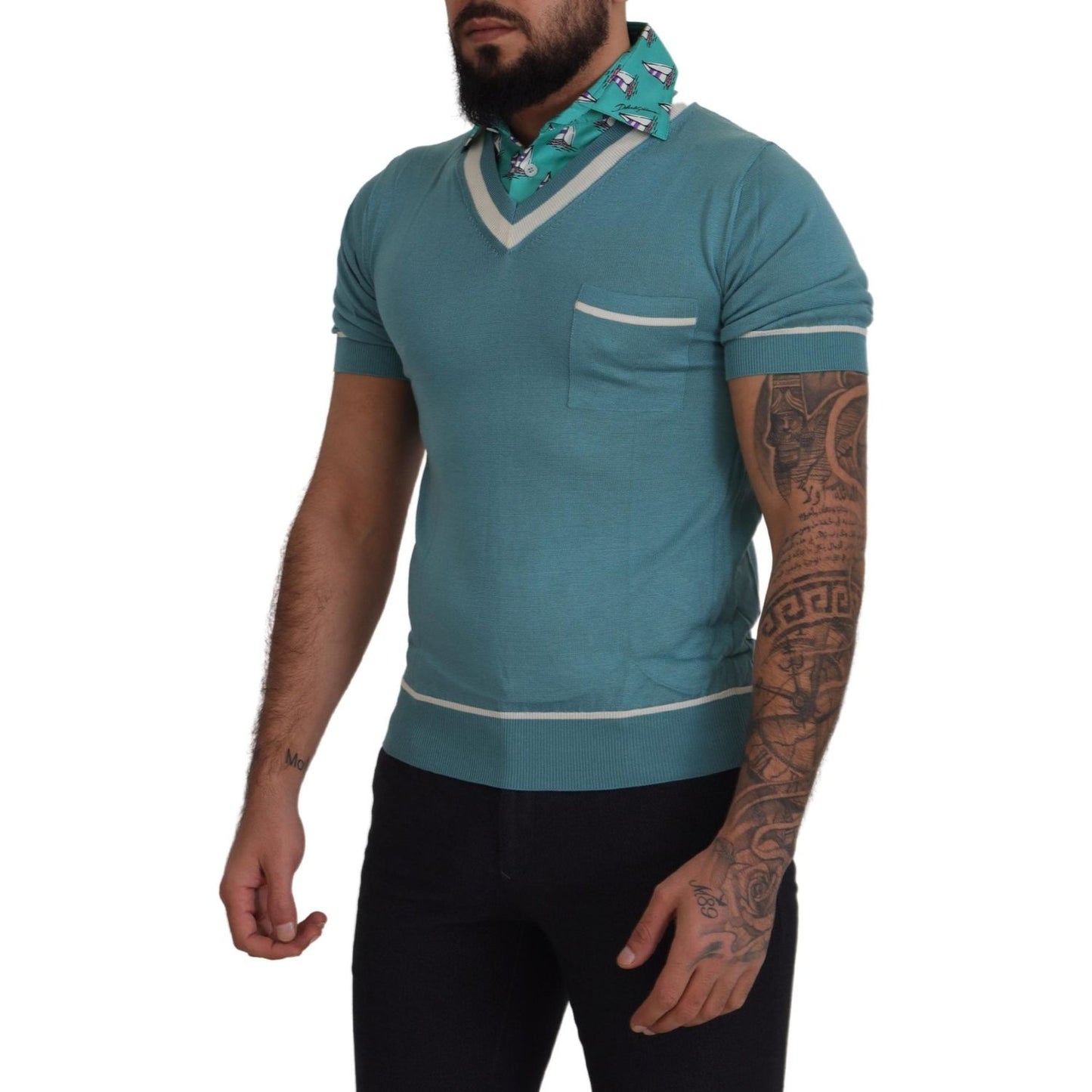 Dolce & Gabbana Blue Silk Polo Top Mens V-neck T-shirt TSH8159- 46