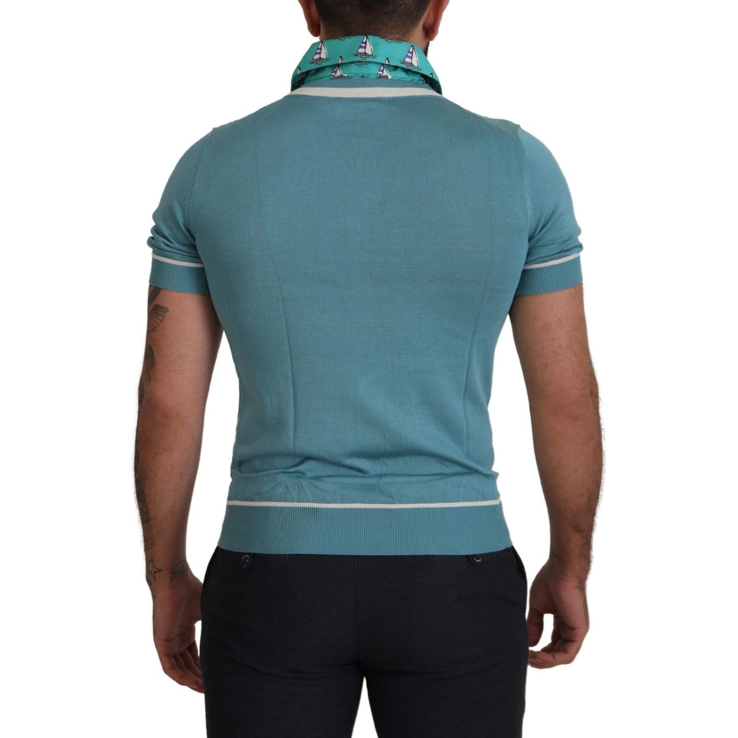 Dolce & Gabbana Blue Silk Polo Top Mens V-neck T-shirt TSH8159- 46