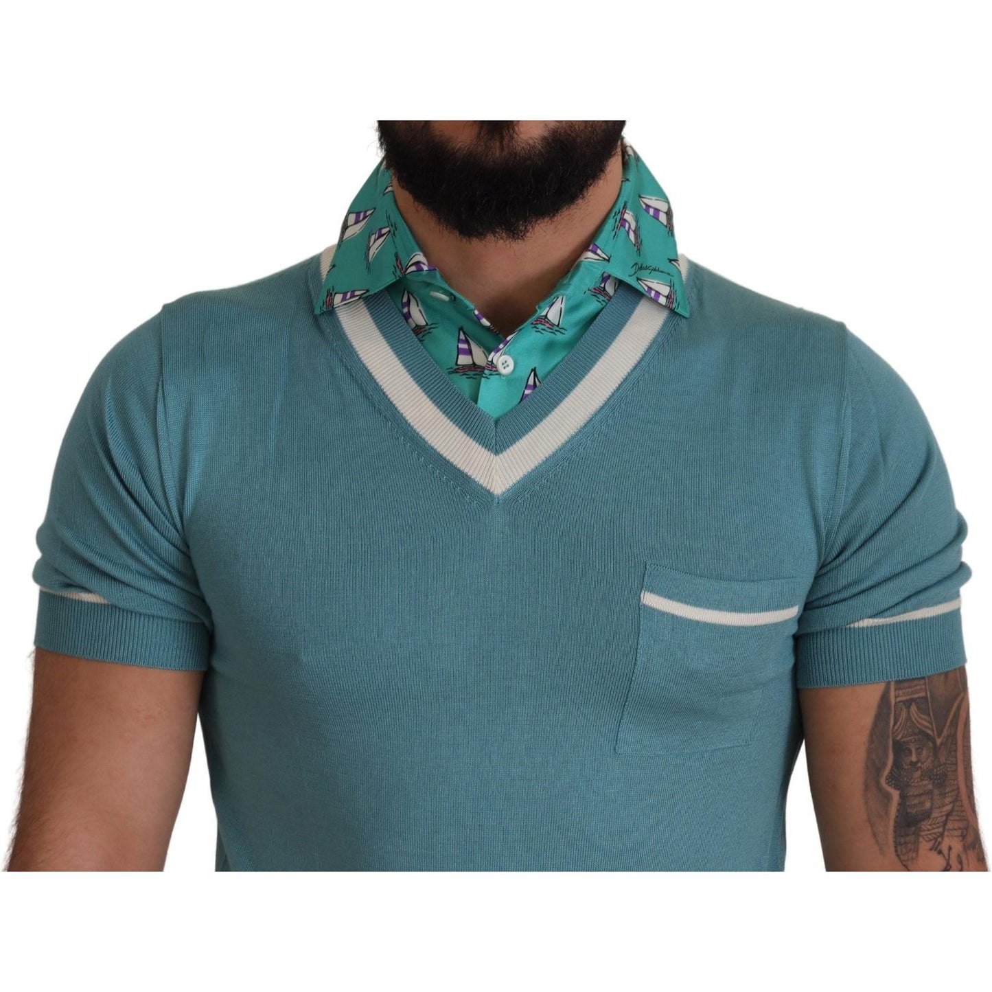Dolce & Gabbana Blue Silk Polo Top Mens V-neck T-shirt TSH8159- 46