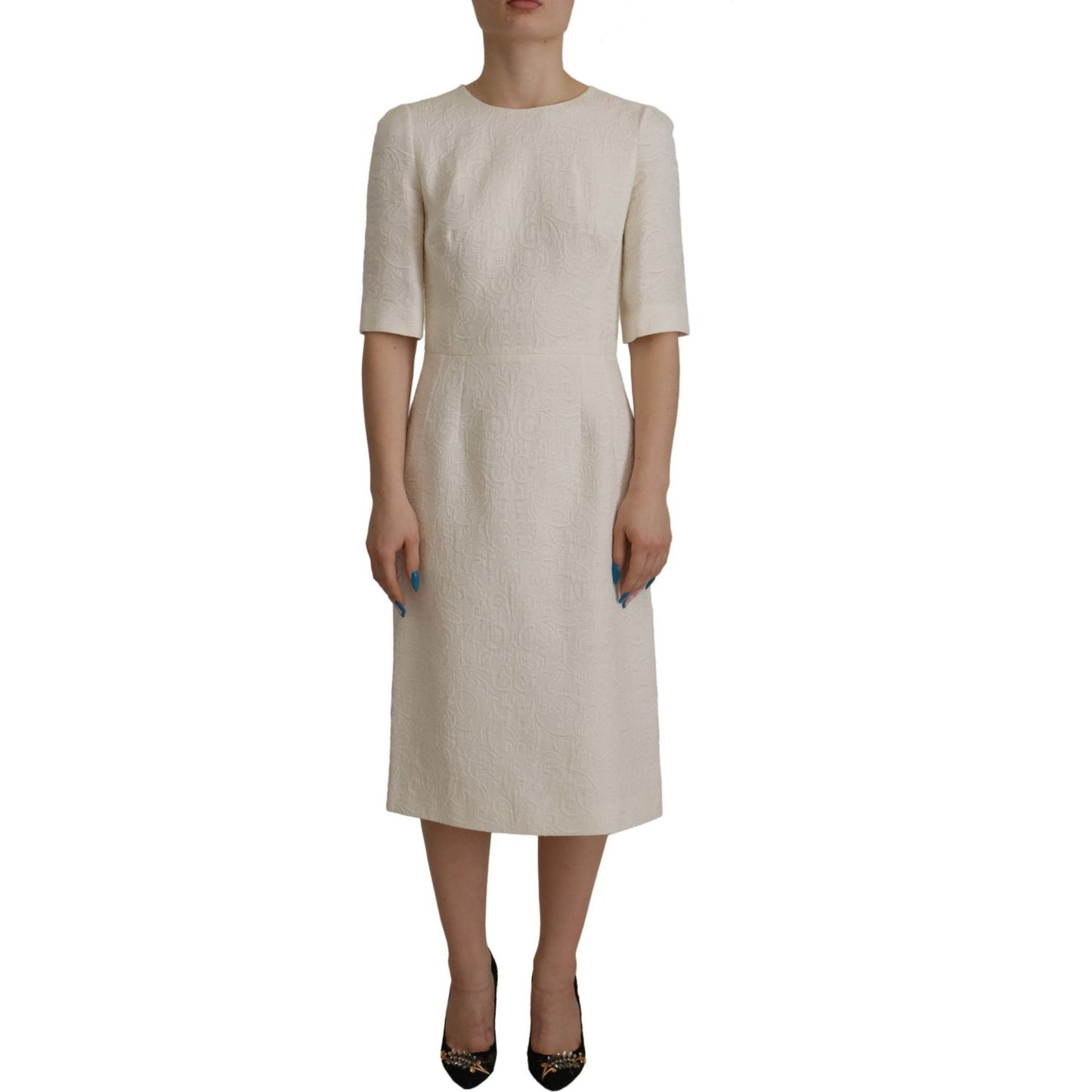 Dolce & Gabbana White Jaquard Midi Floral Sheath Brocade Dress DR28716- 38